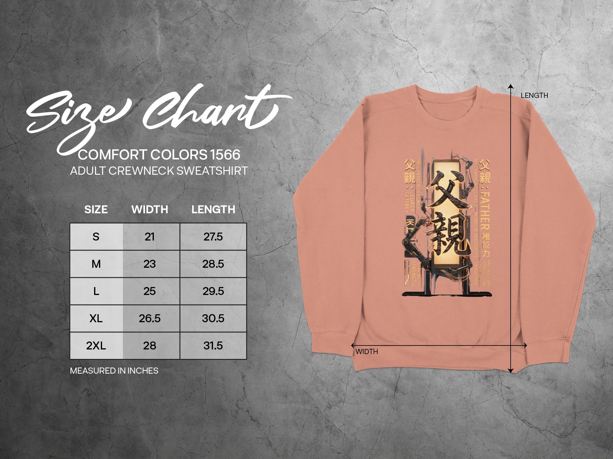 Comfort Colors 1566 adult crewneck sweatshirt size chart with Japanese text.
