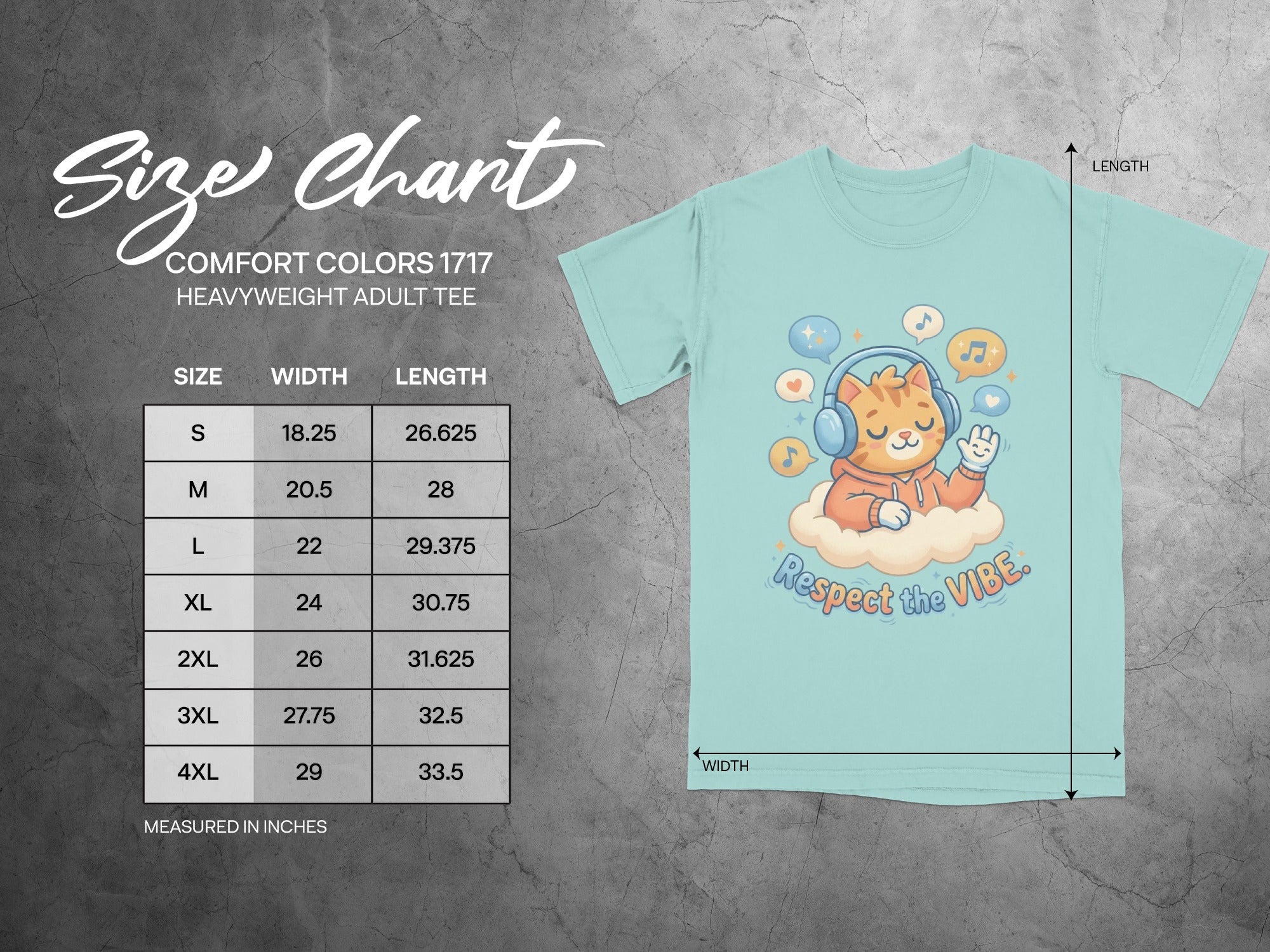 Comfort Colors 1717 size chart for heavyweight adult tees.