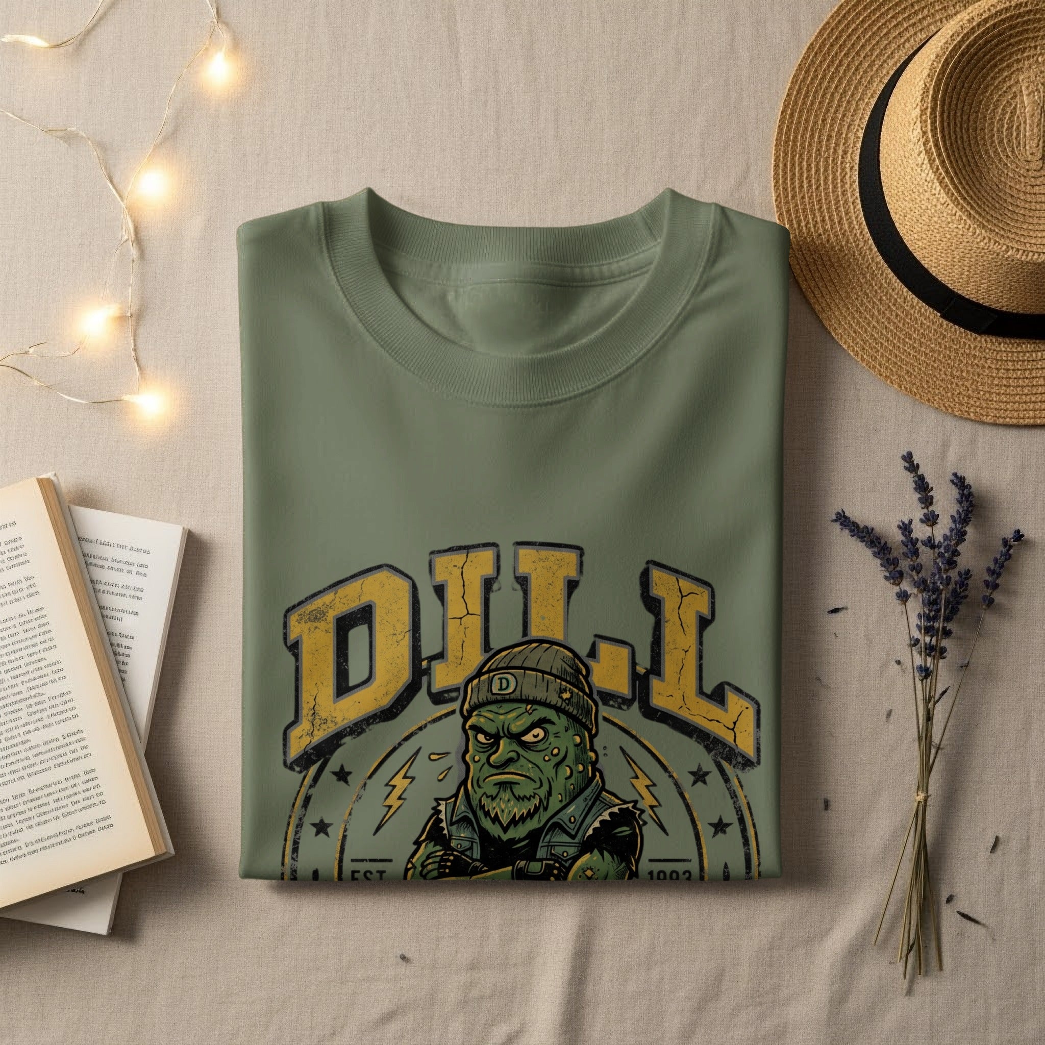 Olive green t-shirt with "DILL" logo and cartoon pickle character.