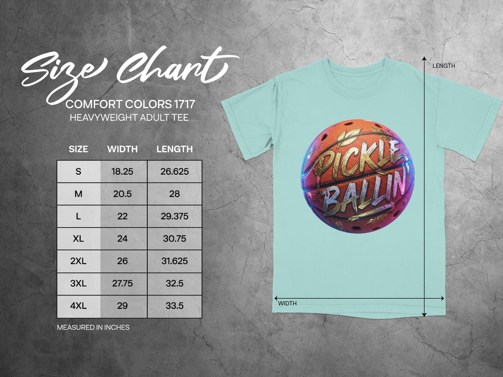 Comfort Colors 1717 adult tee size chart with pickleball graphic.