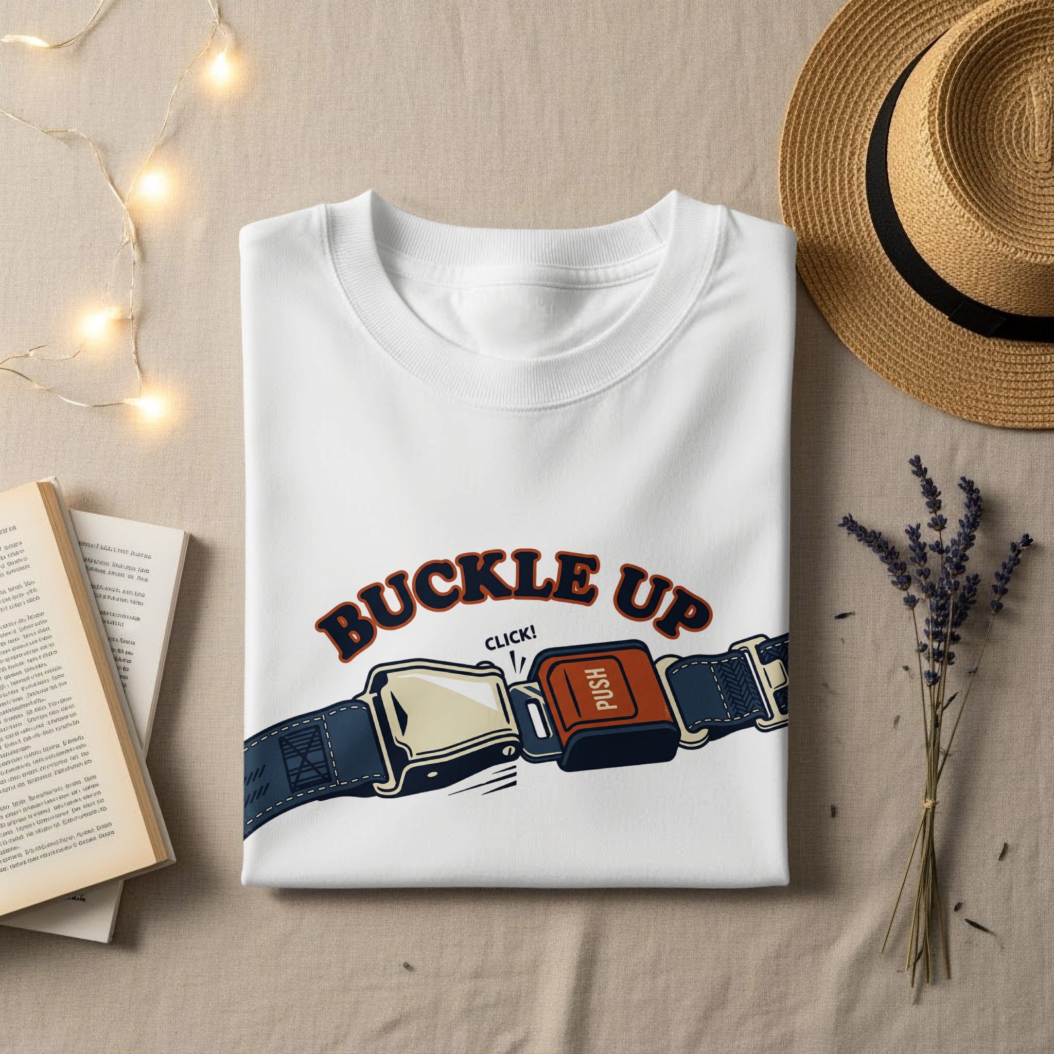 White t-shirt with a graphic of a seatbelt buckle and the text "BUCKLE UP CLICK!"