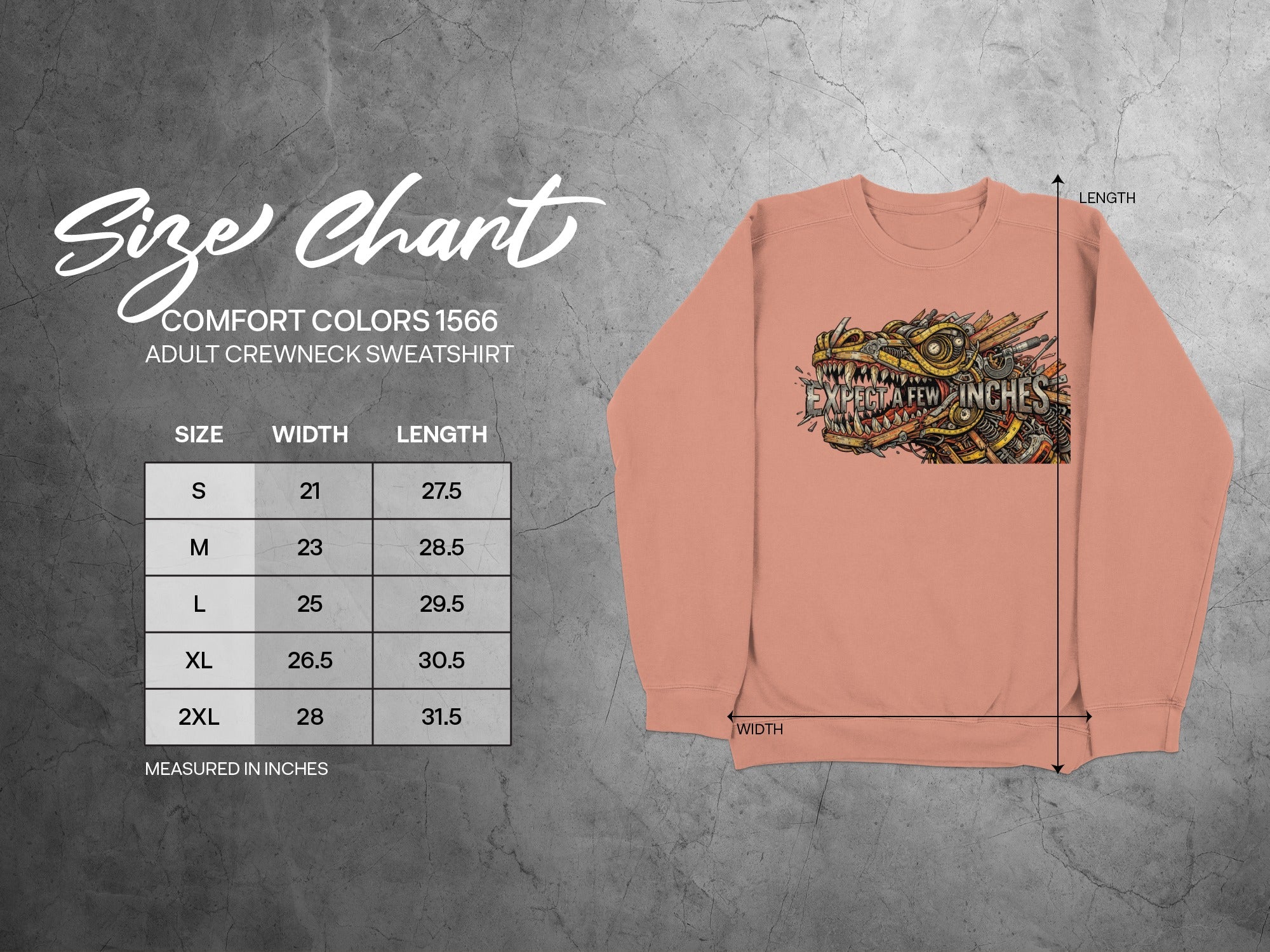Comfort Colors 1566 adult crewneck sweatshirt size chart.