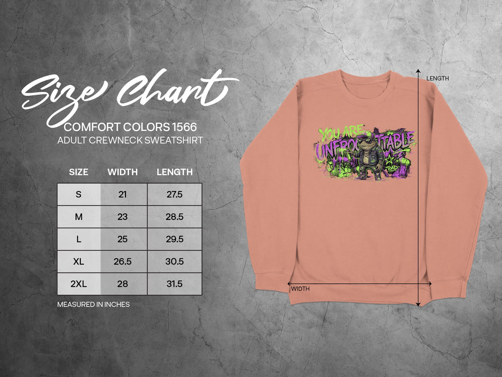 Size chart for Comfort Colors 1566 adult crewneck sweatshirt, with dimensions.