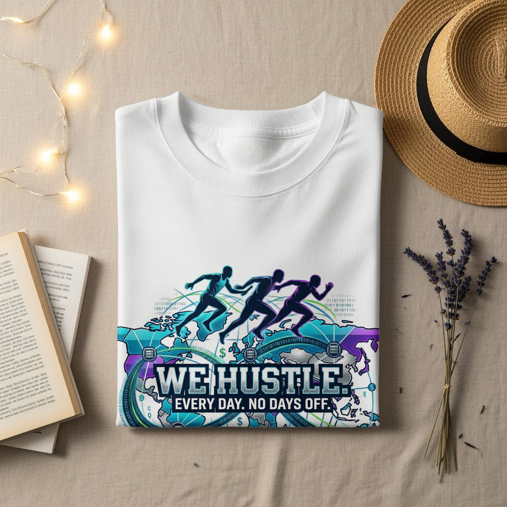 White t-shirt with "WE HUSTLE EVERY DAY. NO DAYS OFF." text and digital graphic.