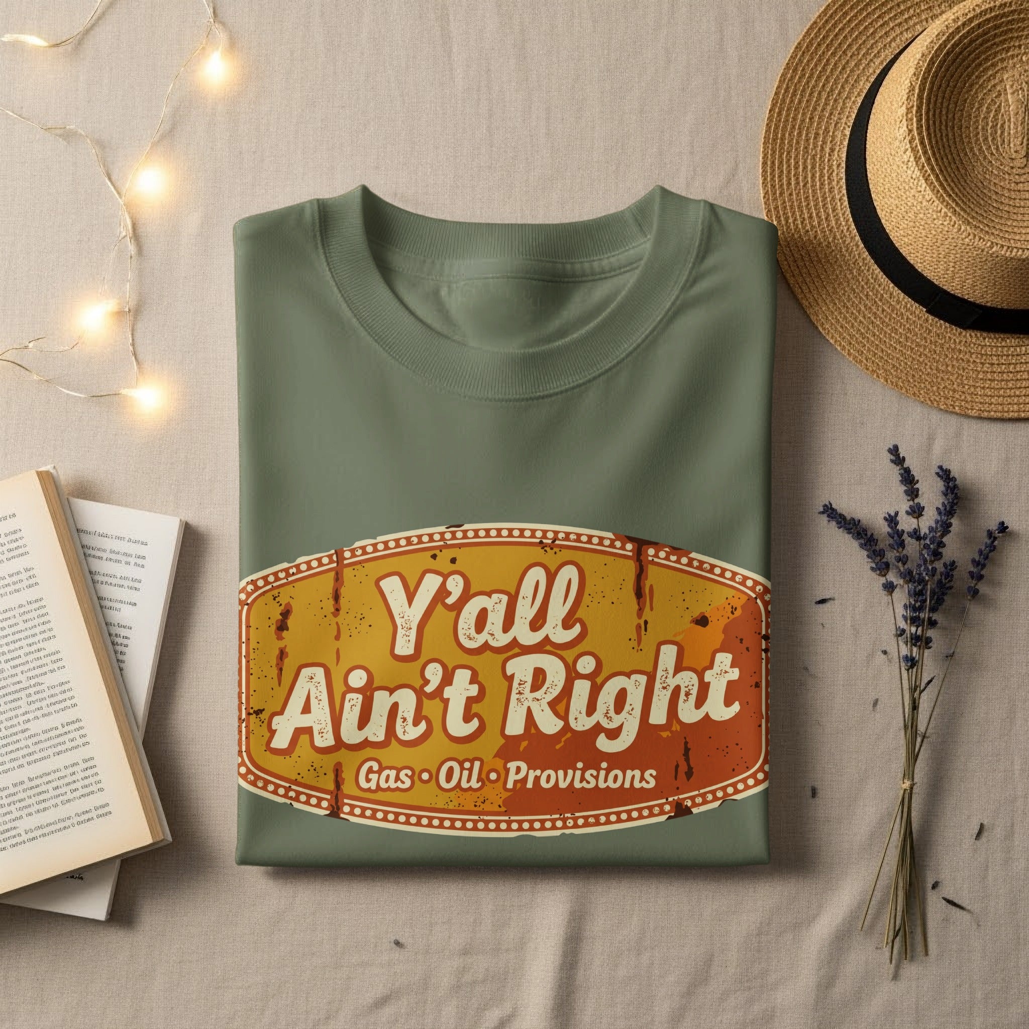 Green t-shirt with "Y'all Ain't Right Gas Oil Provisions" text.