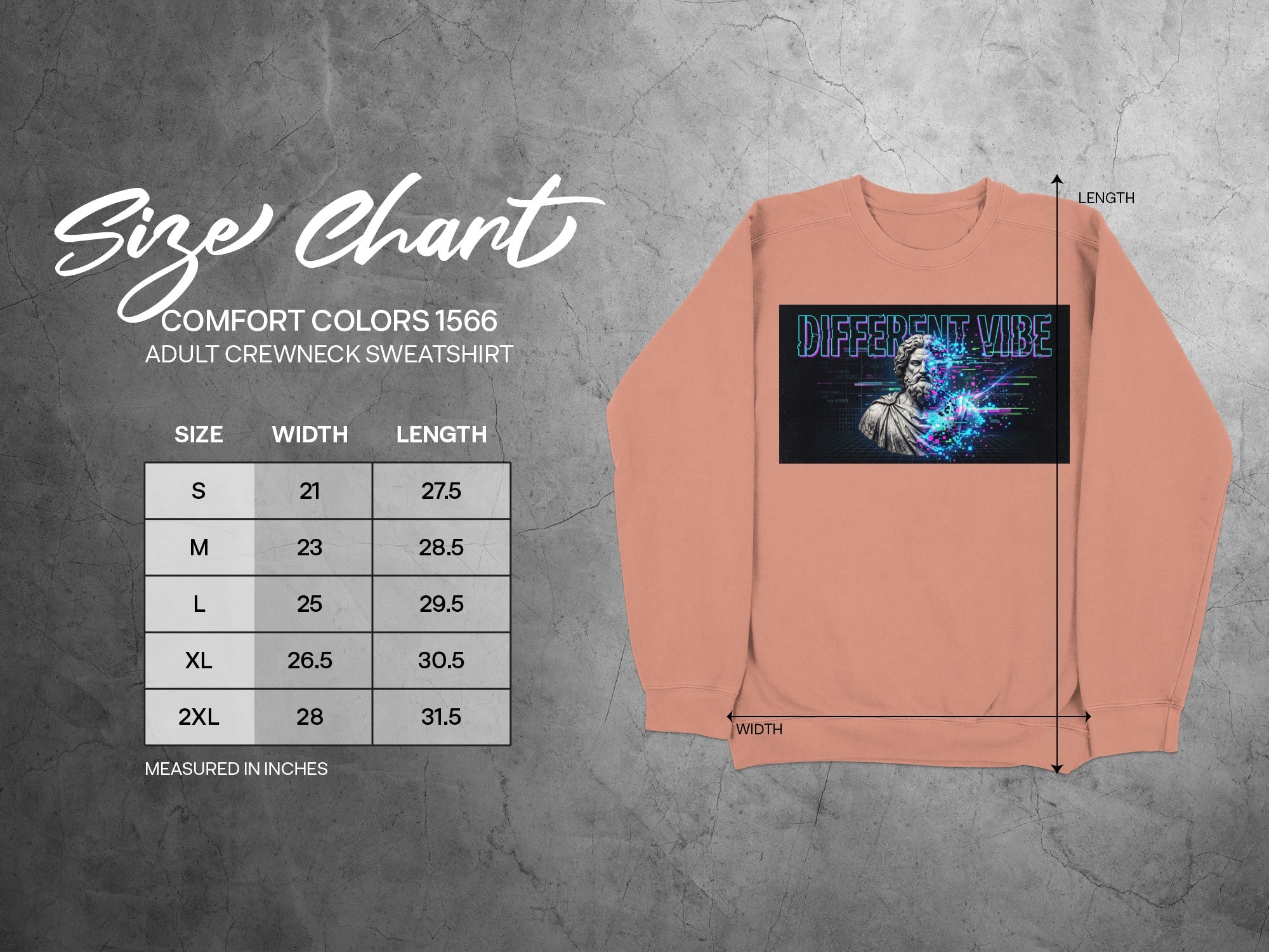 Comfort Colors 1566 adult crewneck sweatshirt size chart.