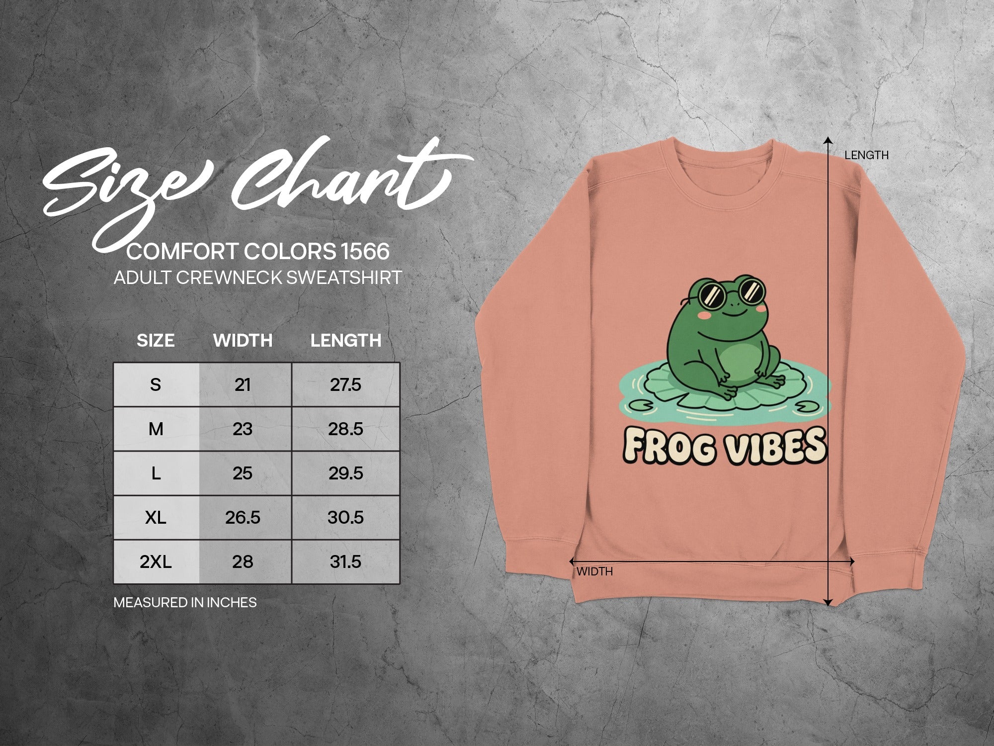 Comfort Colors 1566 adult crewneck sweatshirt size chart with frog graphic.