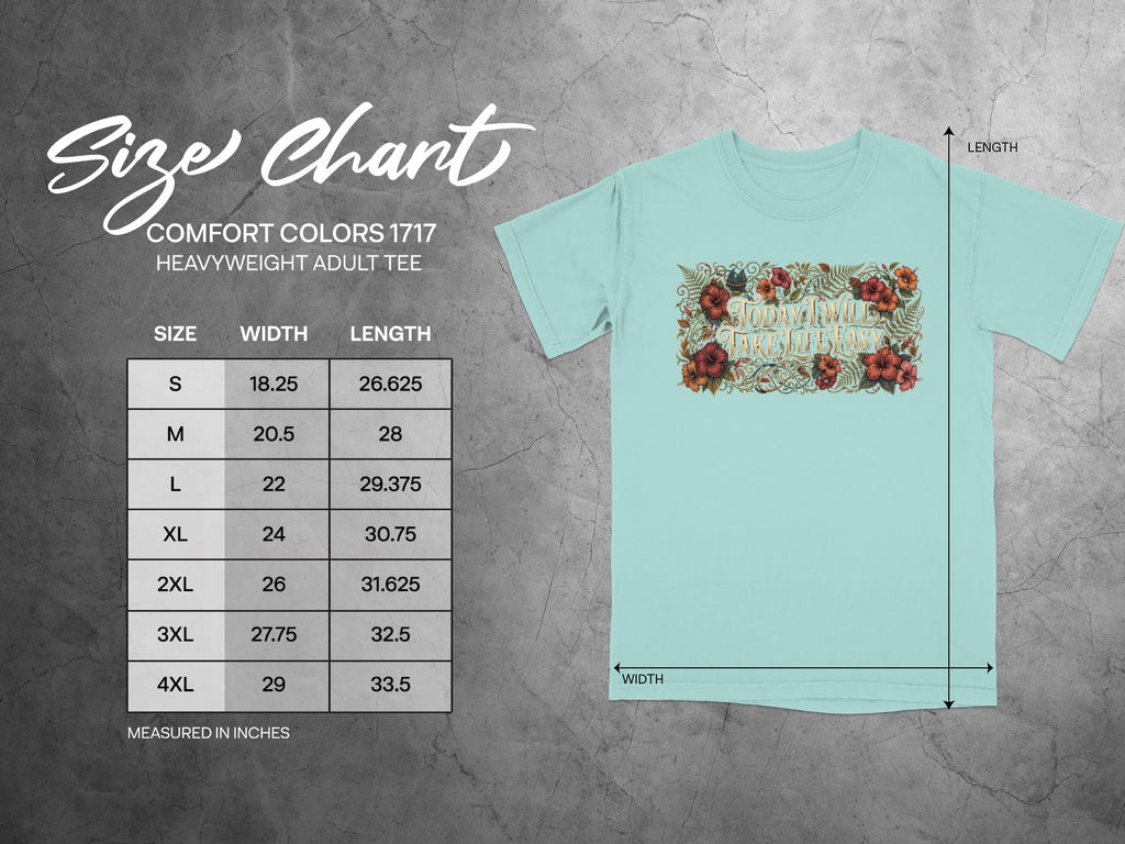 Size chart for Comfort Colors 1717 heavyweight adult tee with dimensions.