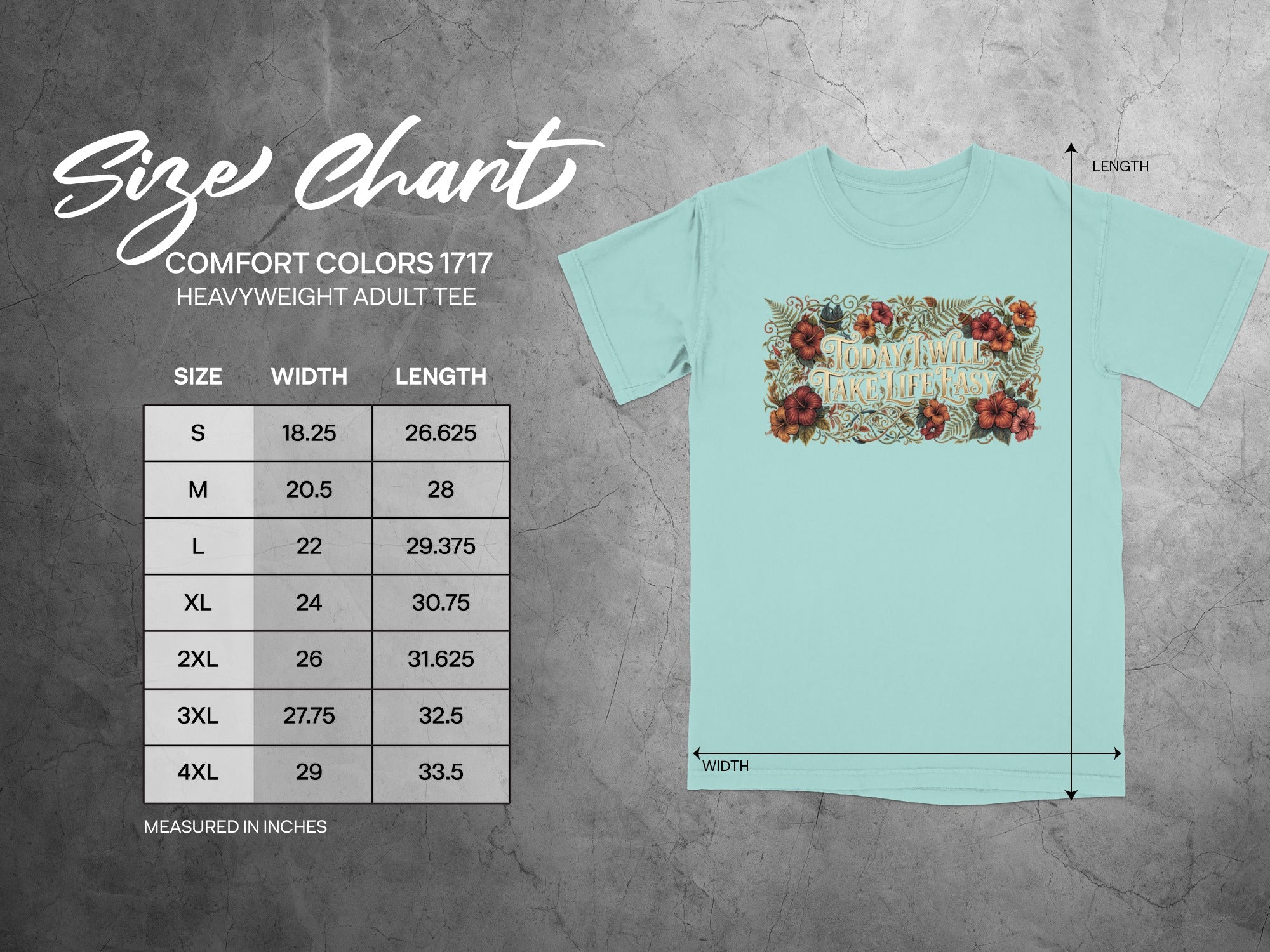Size chart for Comfort Colors 1717 heavyweight adult tee with dimensions.