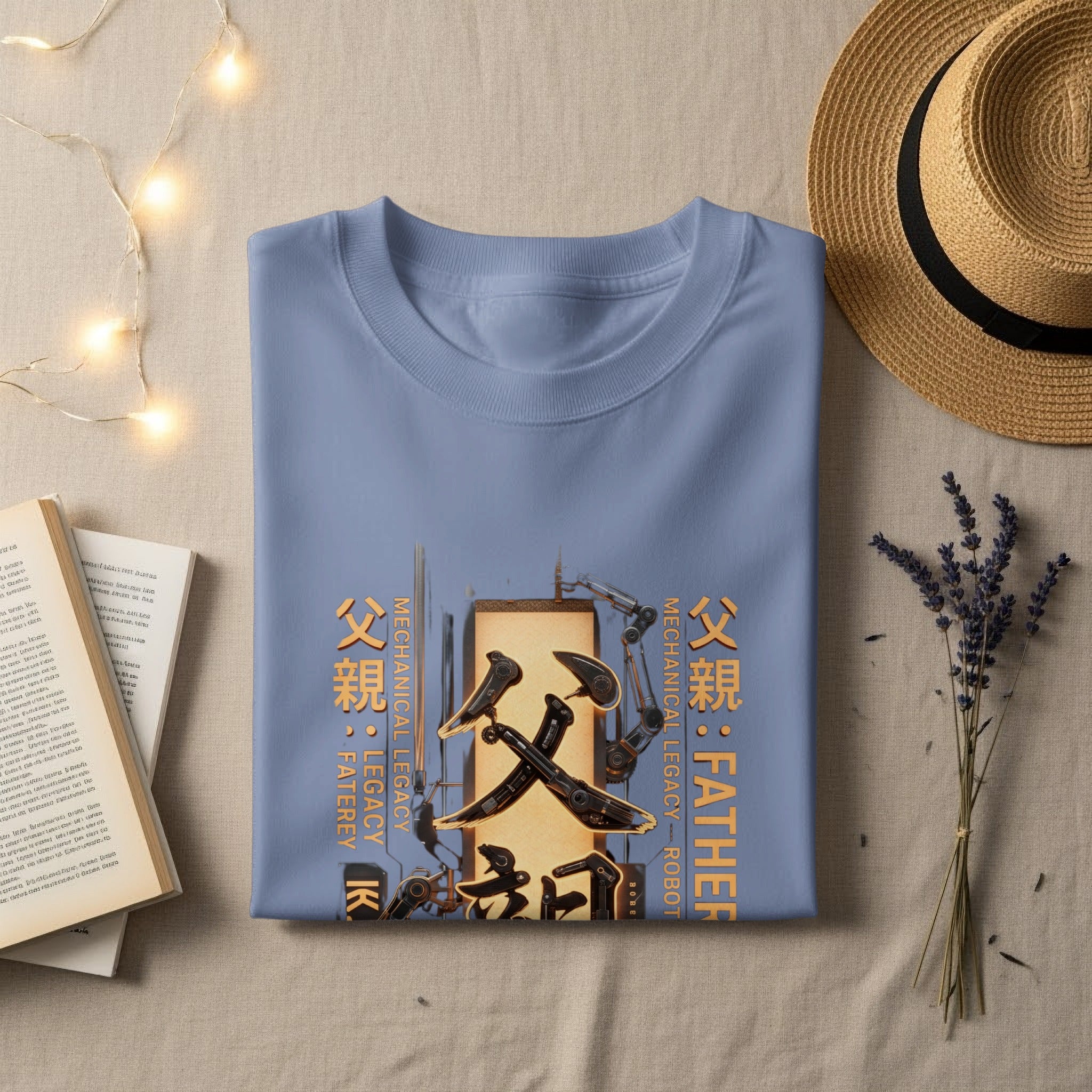 Light blue t-shirt with Japanese characters, "Father," and "Mechanical Legacy" text.