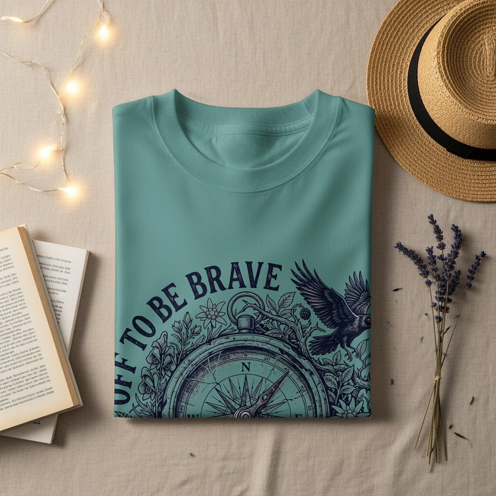 Teal t-shirt with "TO BE BRAVE" text and compass design.