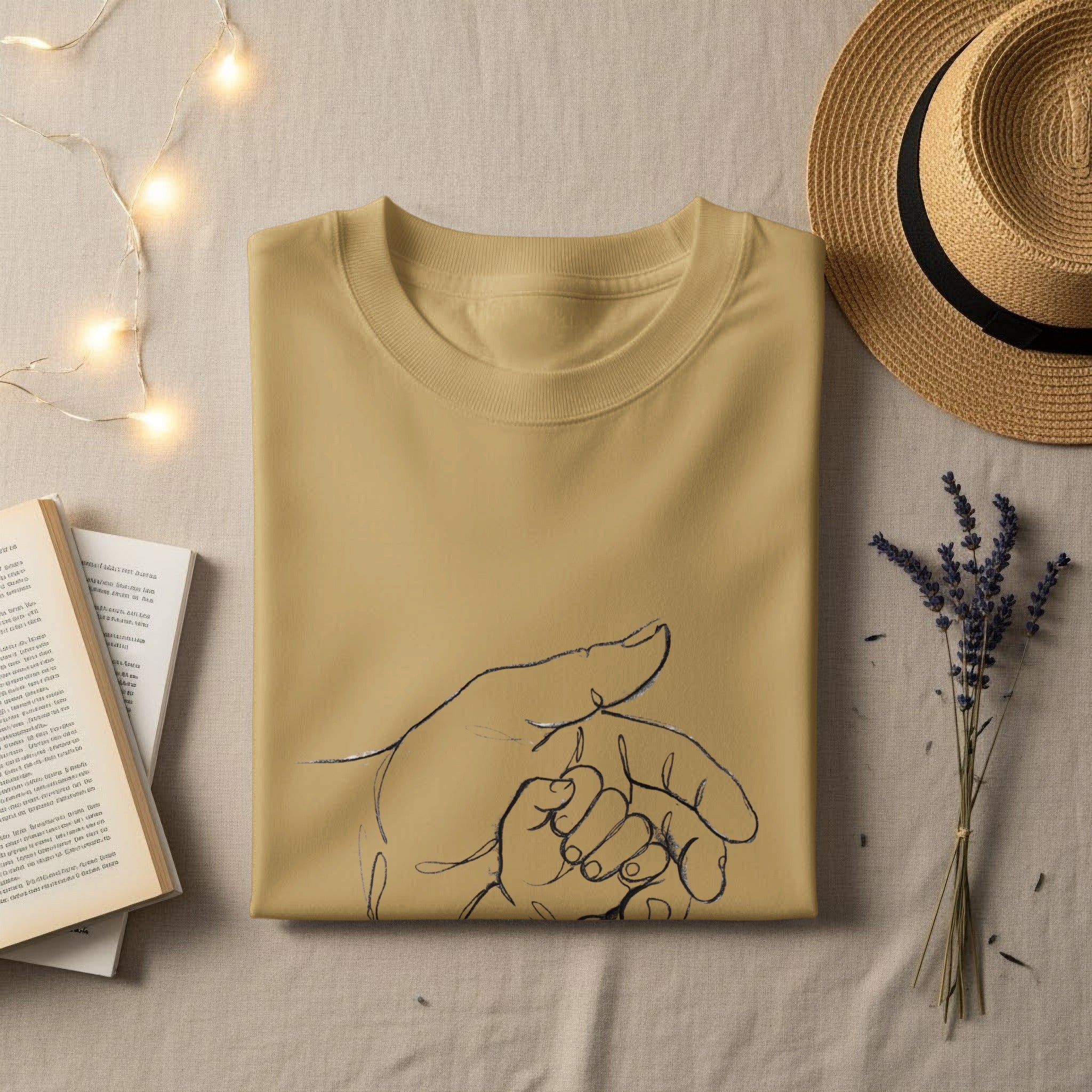 Beige t-shirt with a line drawing of a parent and child's hands clasped.