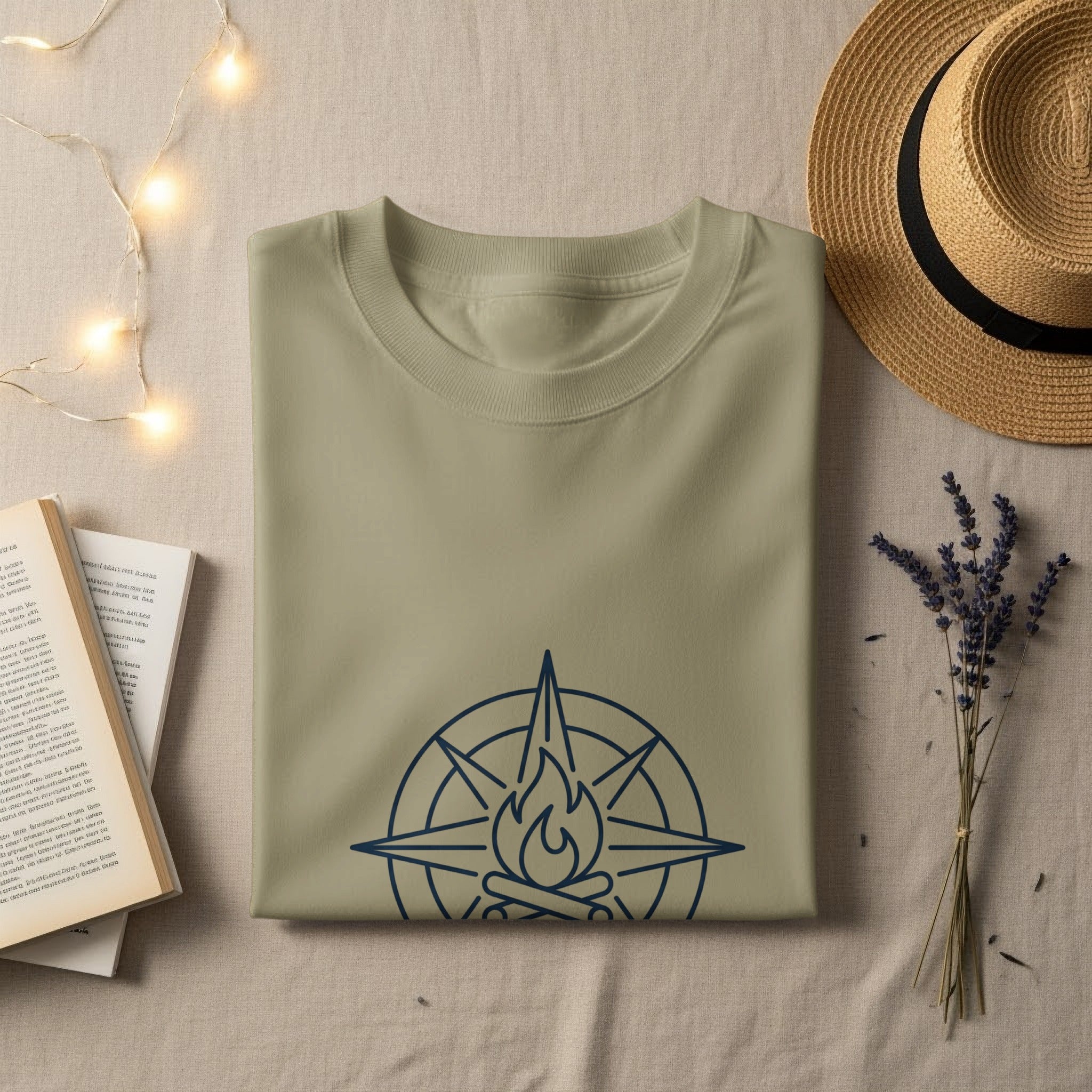 T-shirt with compass and campfire graphic on muted green.