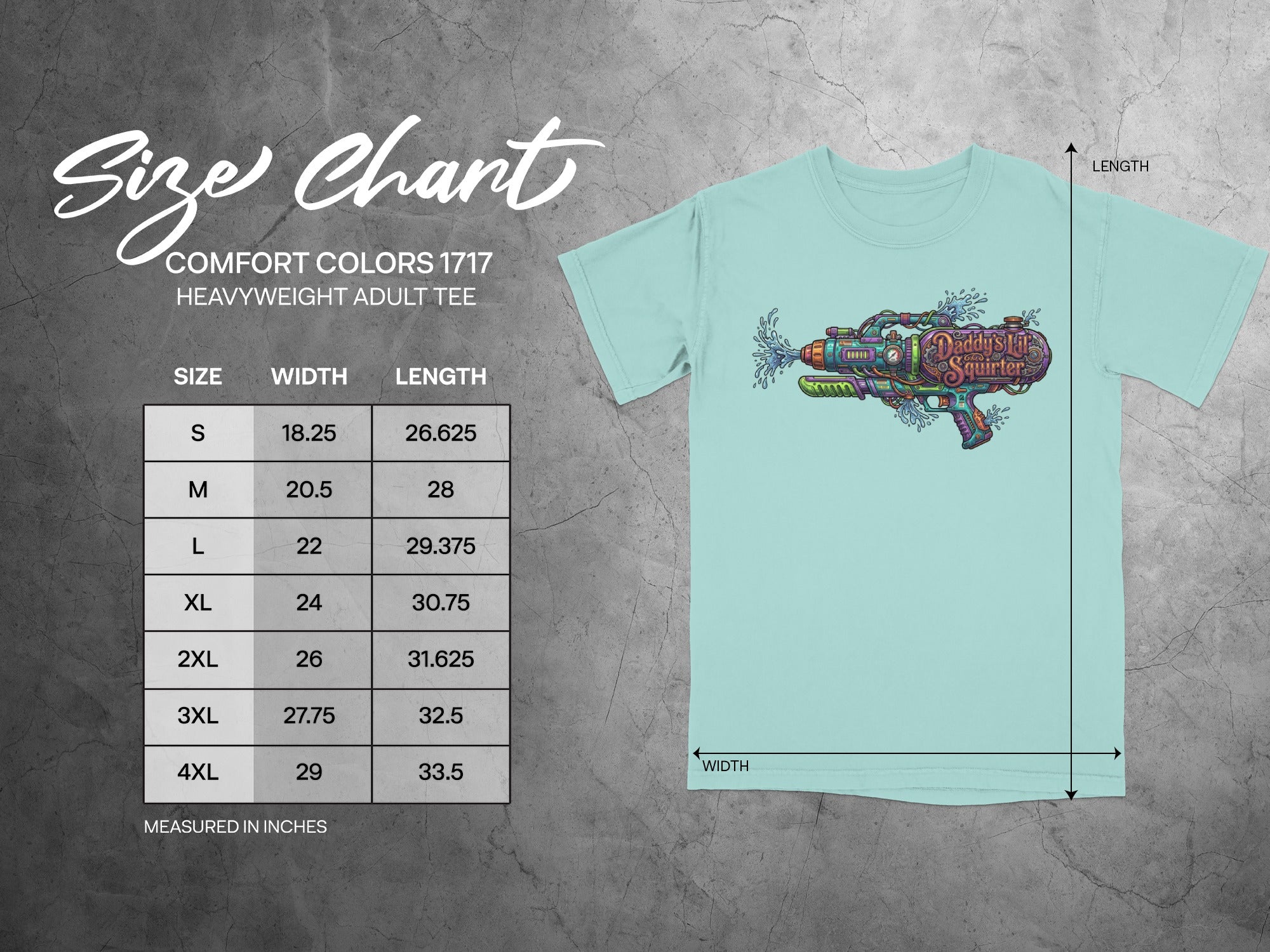 Comfort Colors 1717 heavyweight adult tee size chart with width and length measurements.