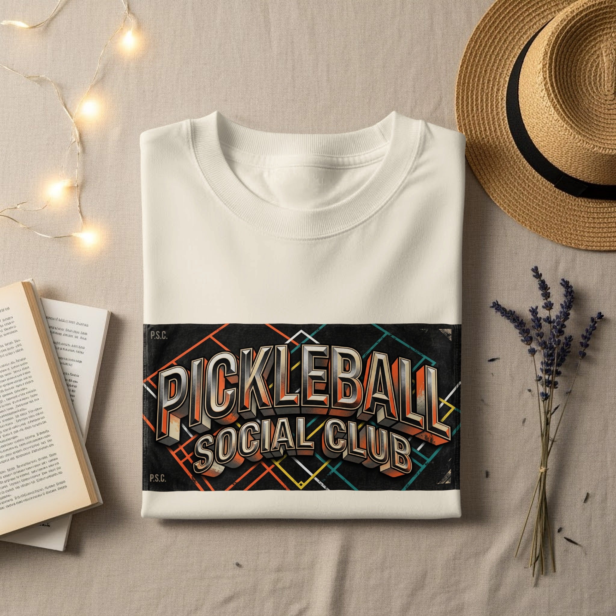 White t-shirt with "Pickleball Social Club" logo and geometric design.