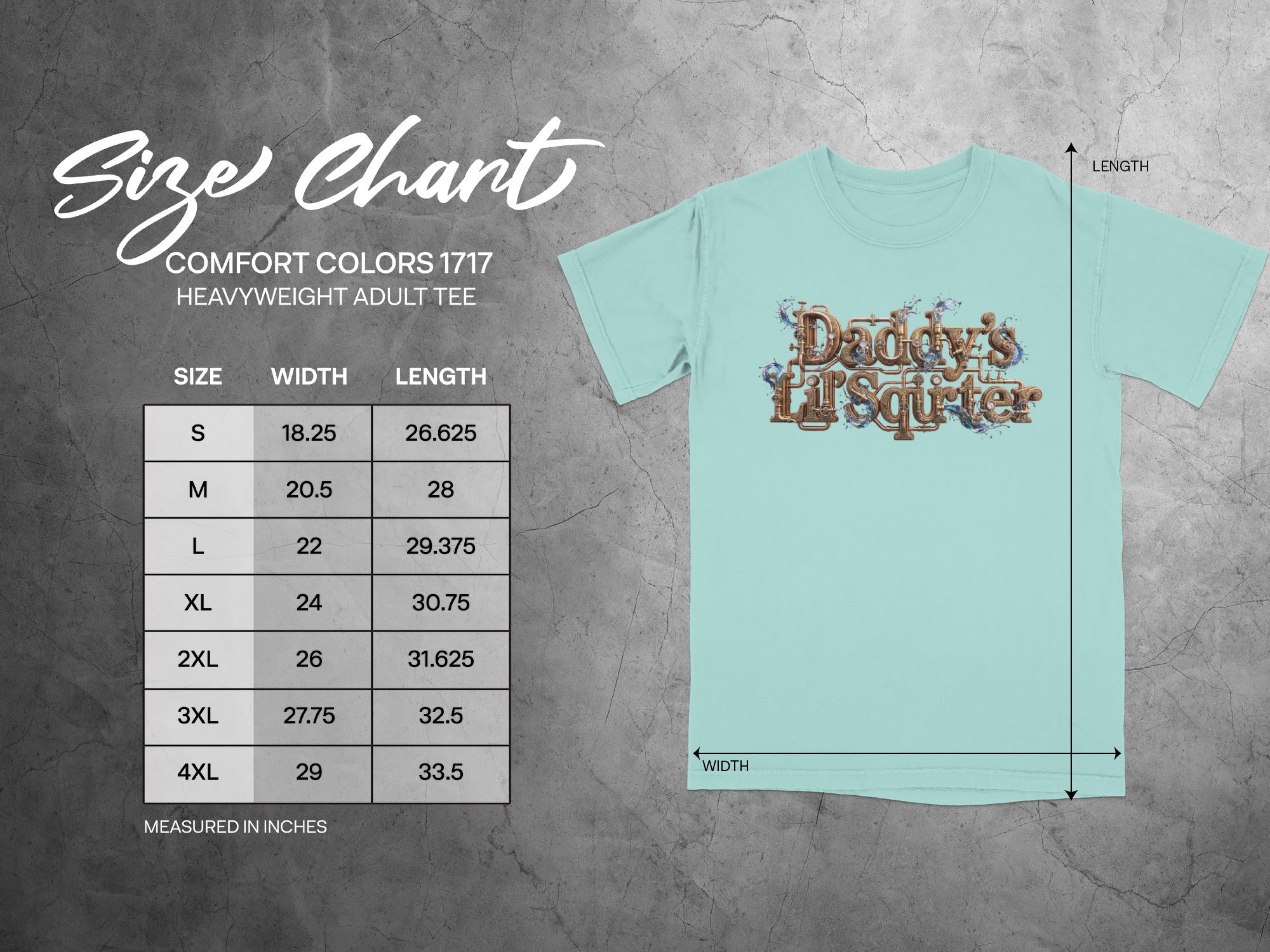 Comfort Colors 1717 heavyweight tee size chart showing width and length in inches.