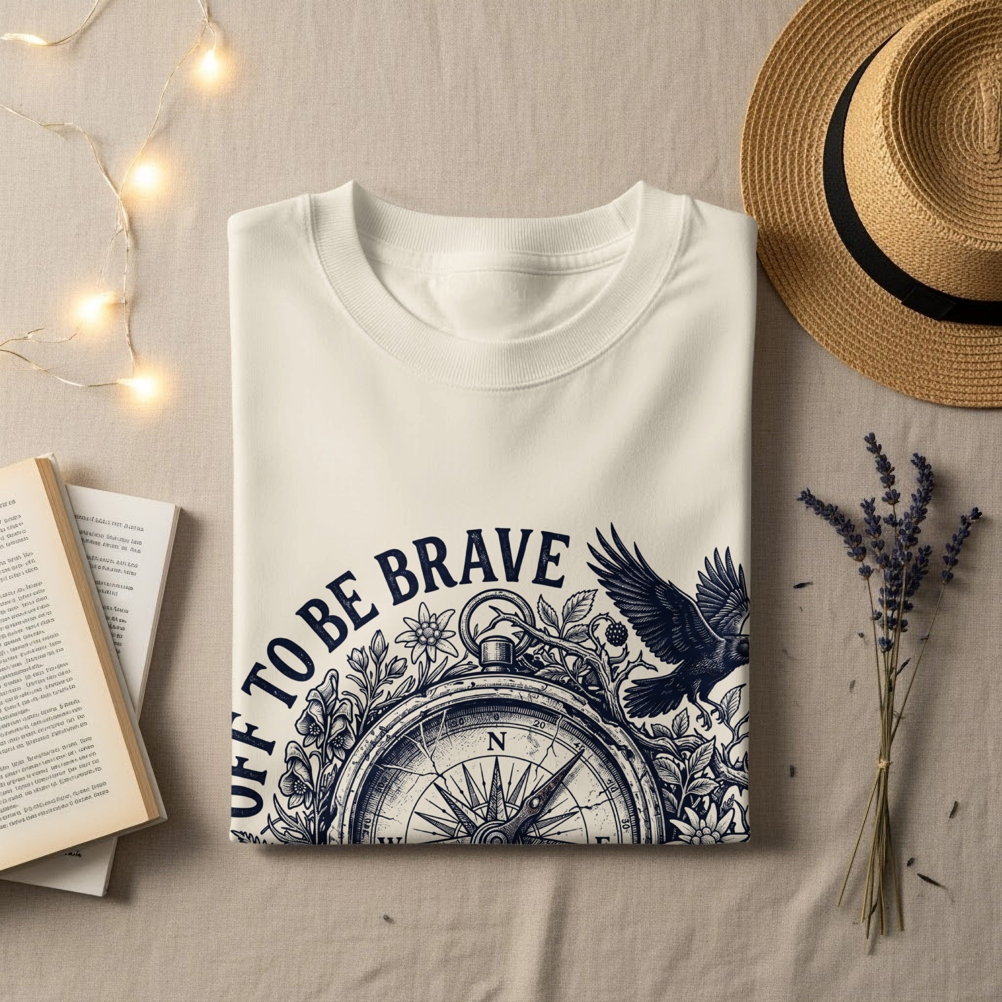 Cream t-shirt with compass design and "Be Brave" text.