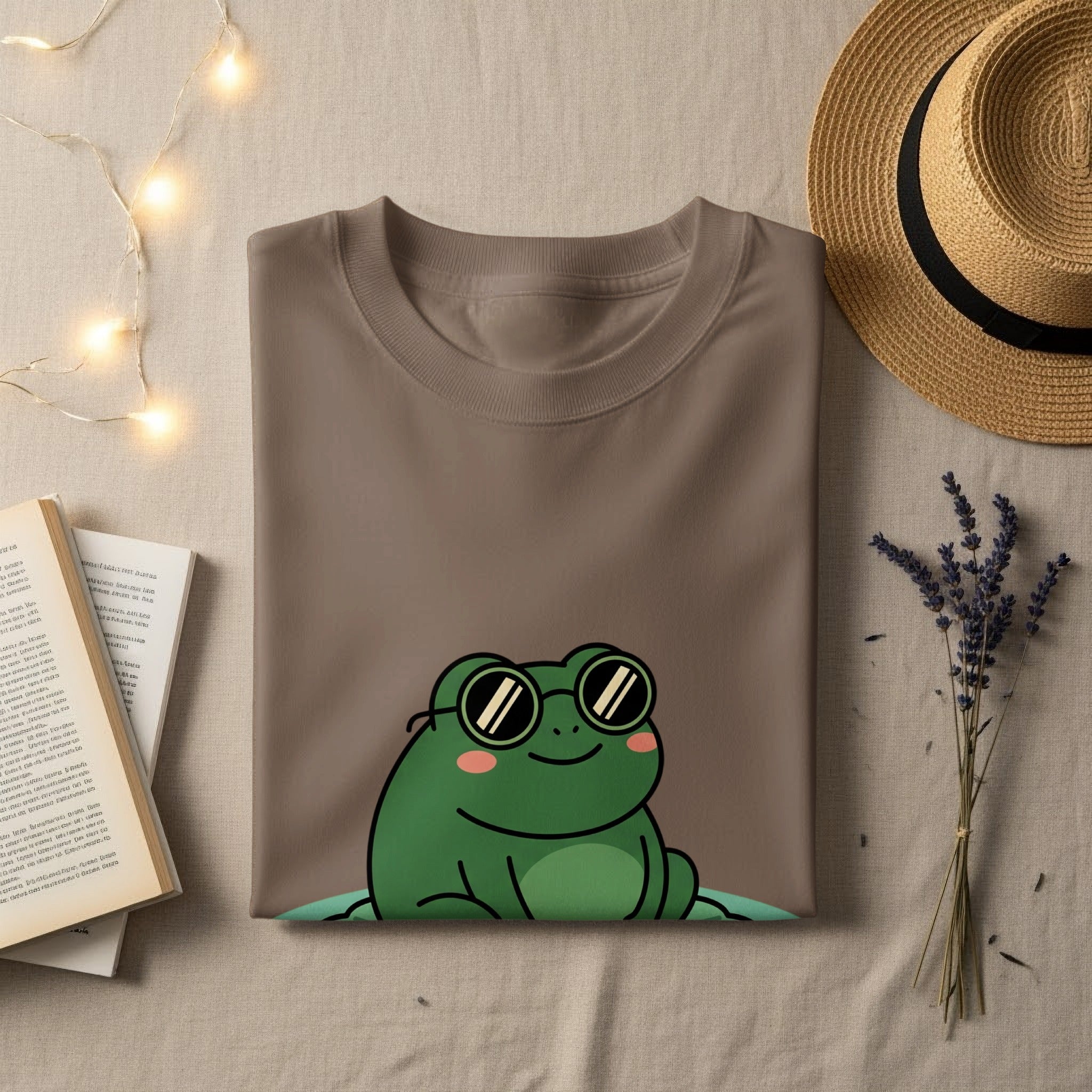 Brown t-shirt with a green cartoon frog wearing sunglasses.