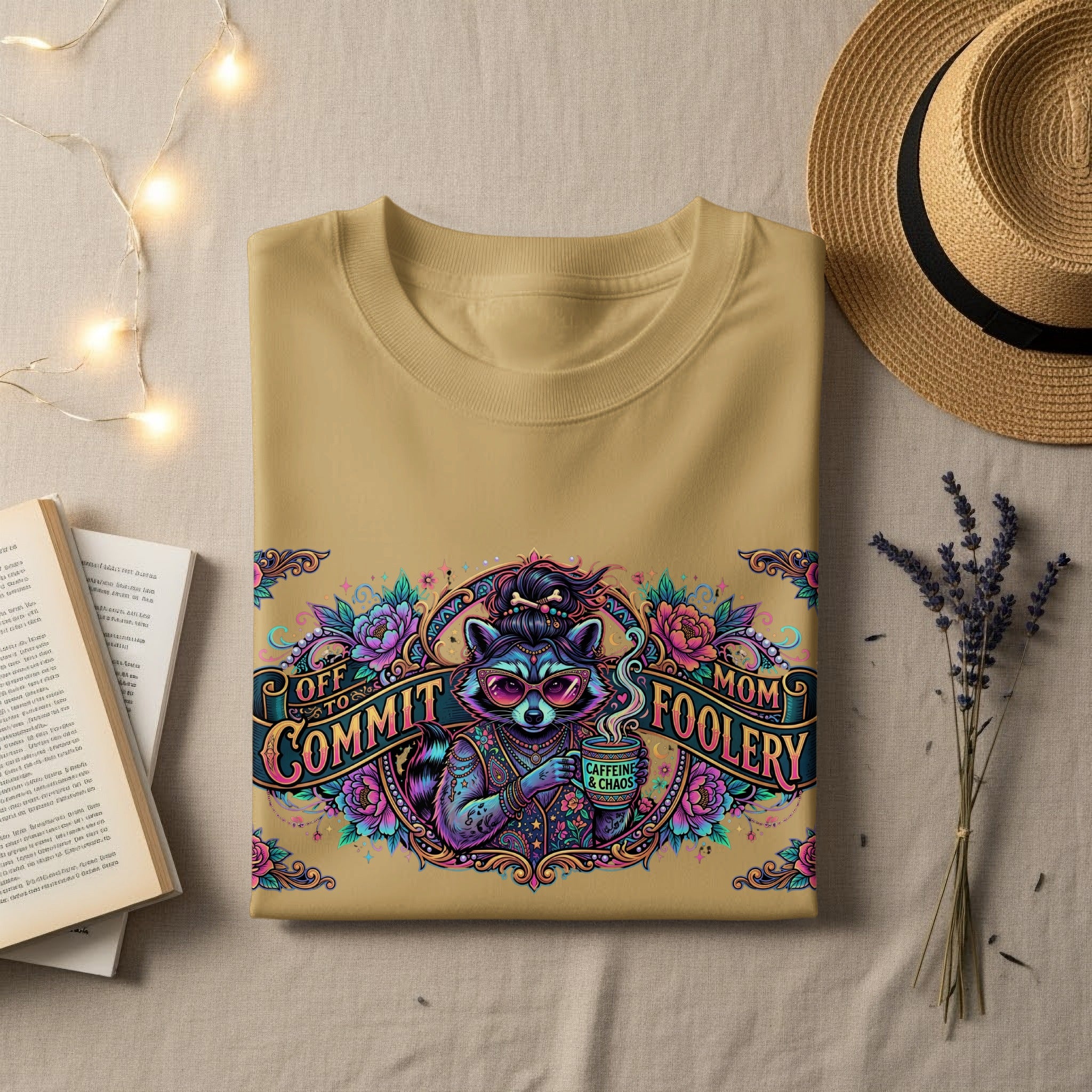 Tan t-shirt with "Off to Mom Foolery Caffeine & Chaos" graphic featuring a raccoon.