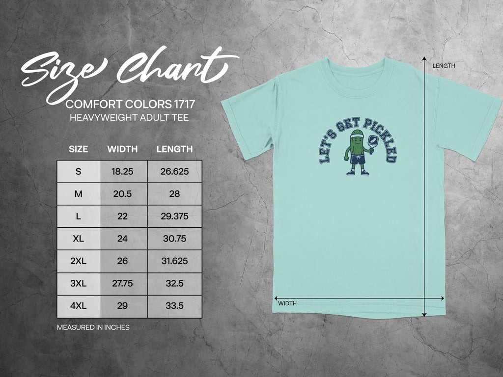 Size chart for Comfort Colors 1717 heavyweight adult tee with measurements.