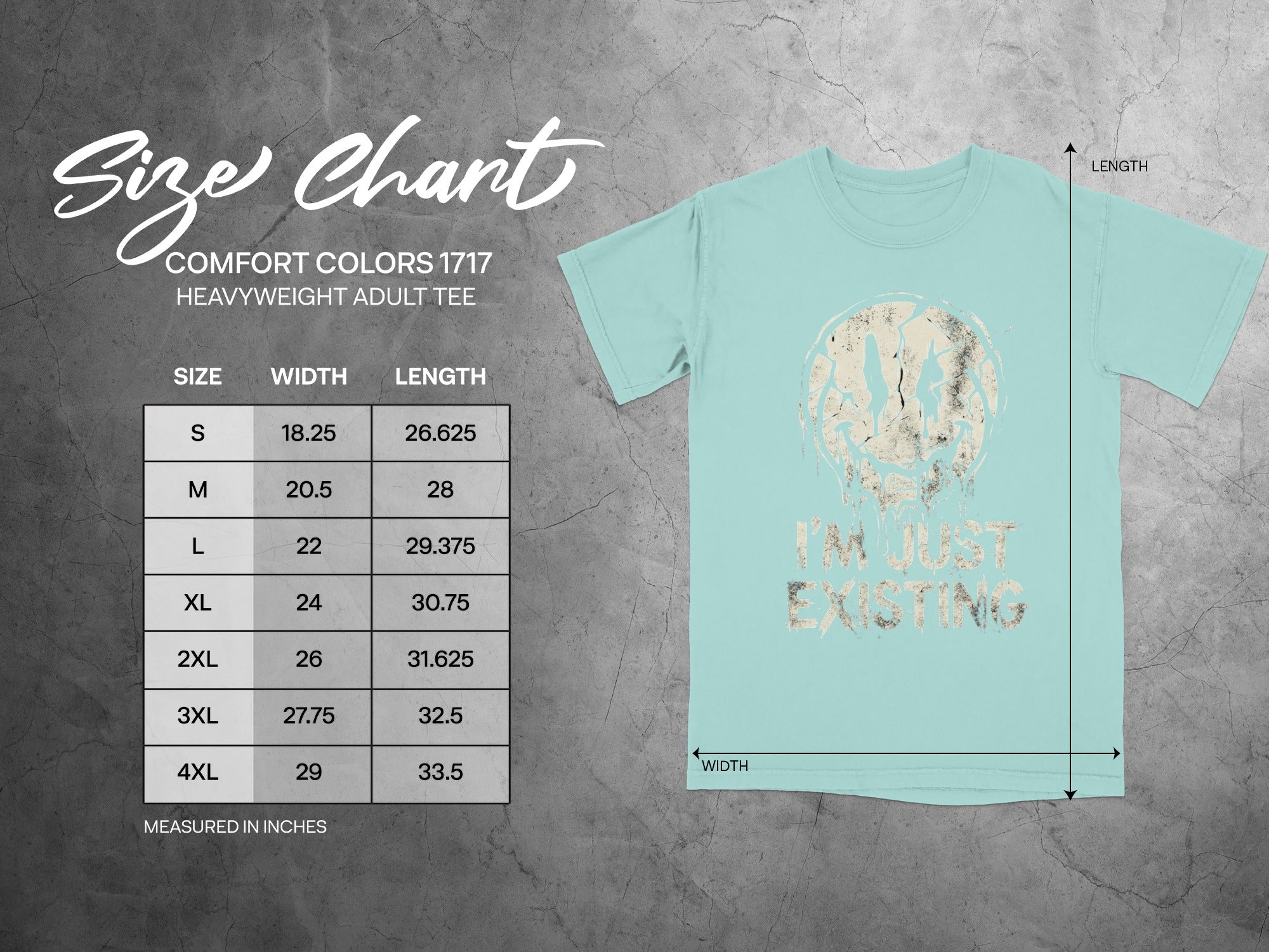 Size chart for Comfort Colors 1717 heavyweight adult tee with measurements.