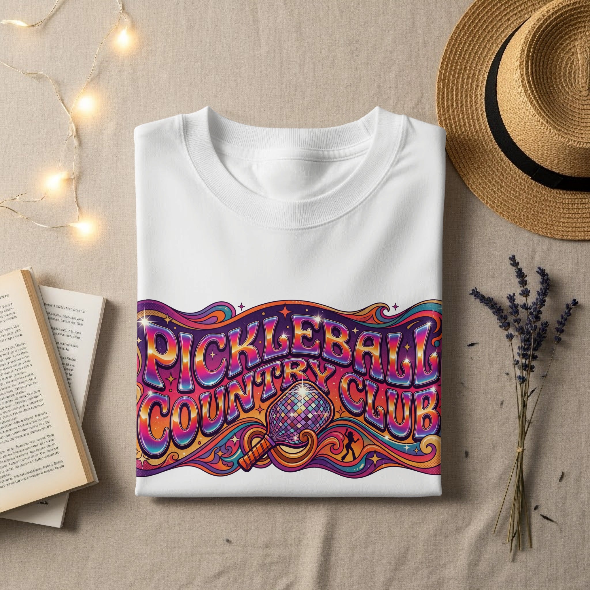 White t-shirt with "Pickleball Country Club" in colorful retro lettering.