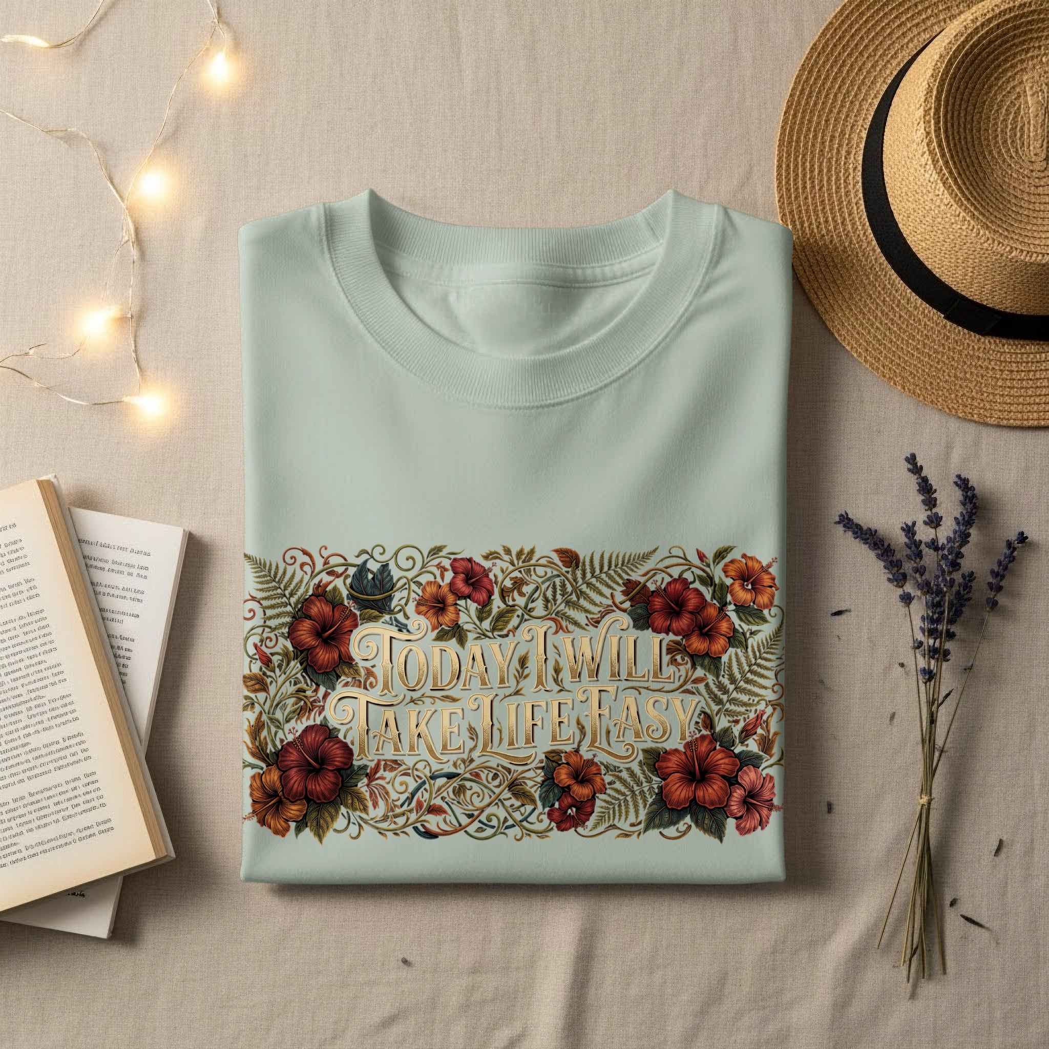 Light blue t-shirt with floral design and text "Today I will take life easy".