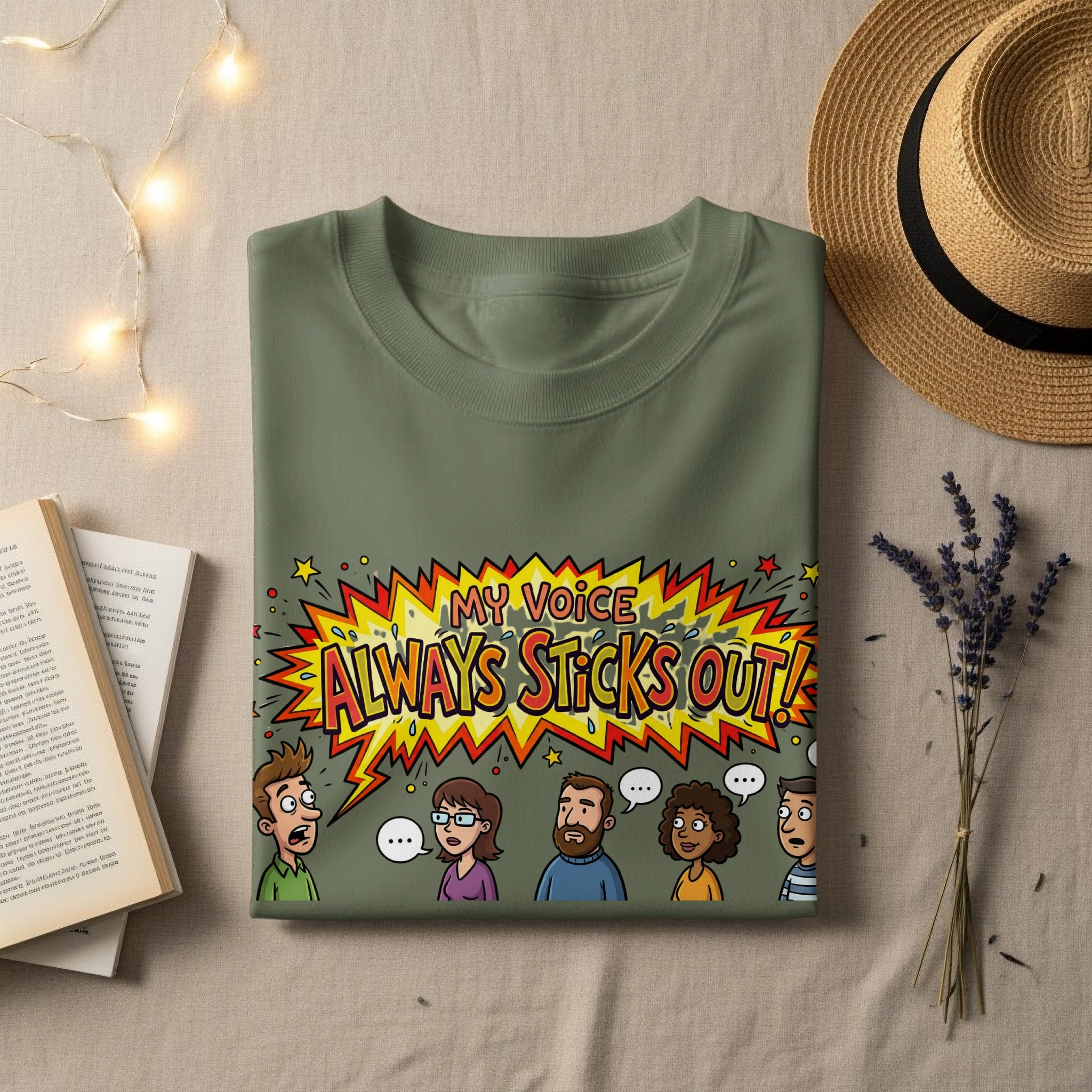 Olive green t-shirt with "MY VOICE ALWAYS STICKS OUT!" graphic.