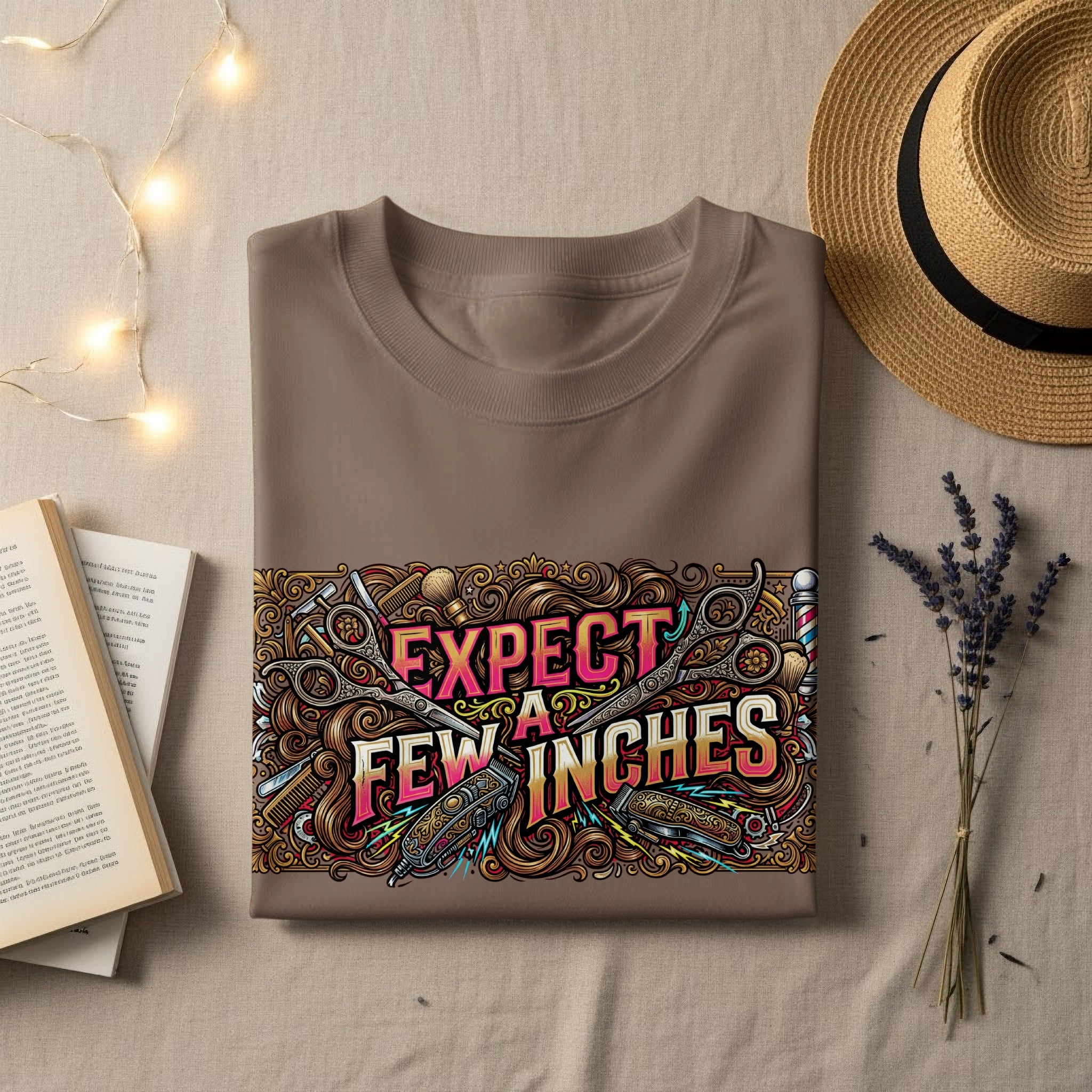 Brown t-shirt with "Expect Few Inches" graphic featuring scissors and combs.