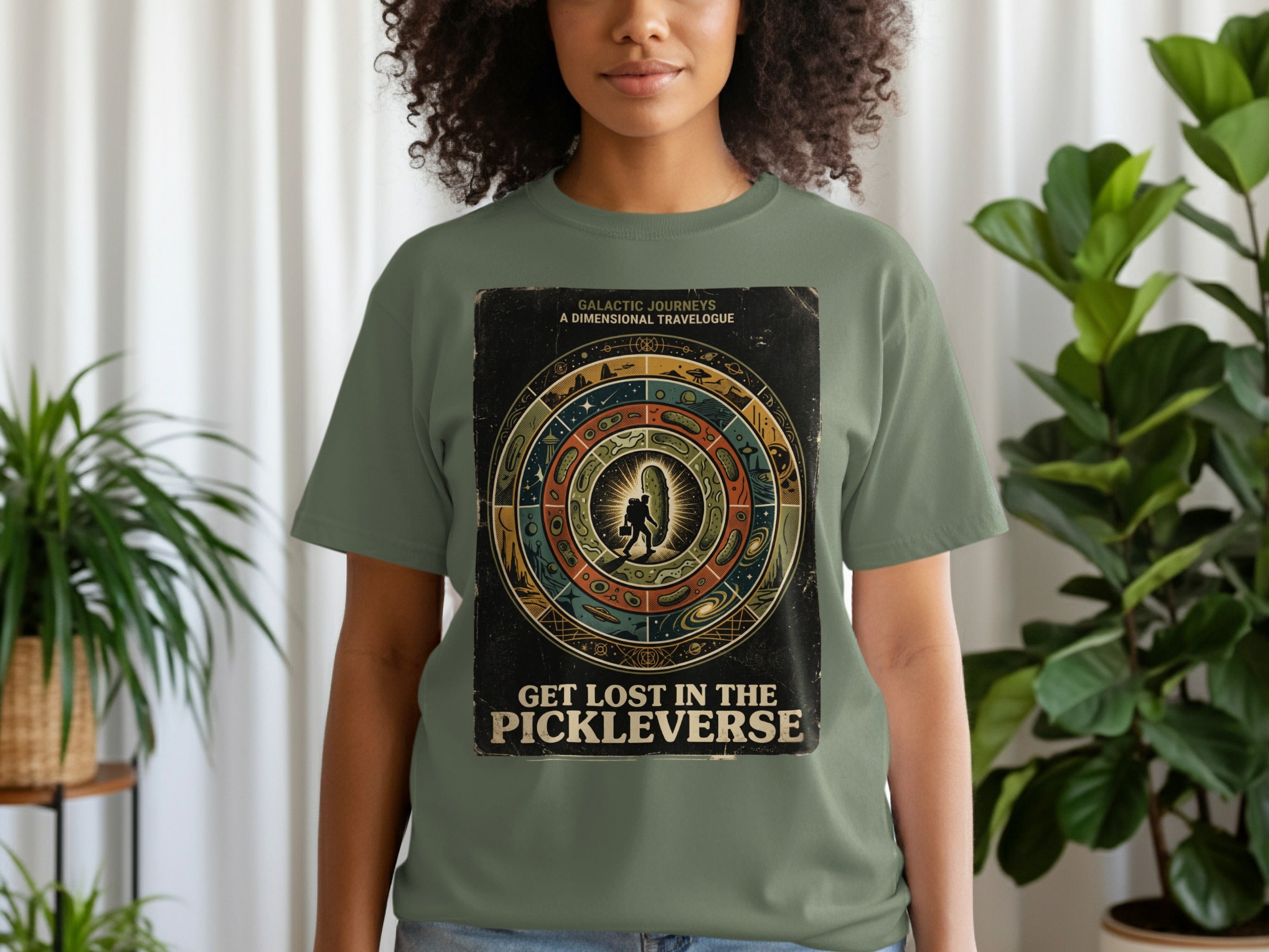 T-shirt with "Galactic Journeys Pickleverse" graphic and astronaut silhouette.