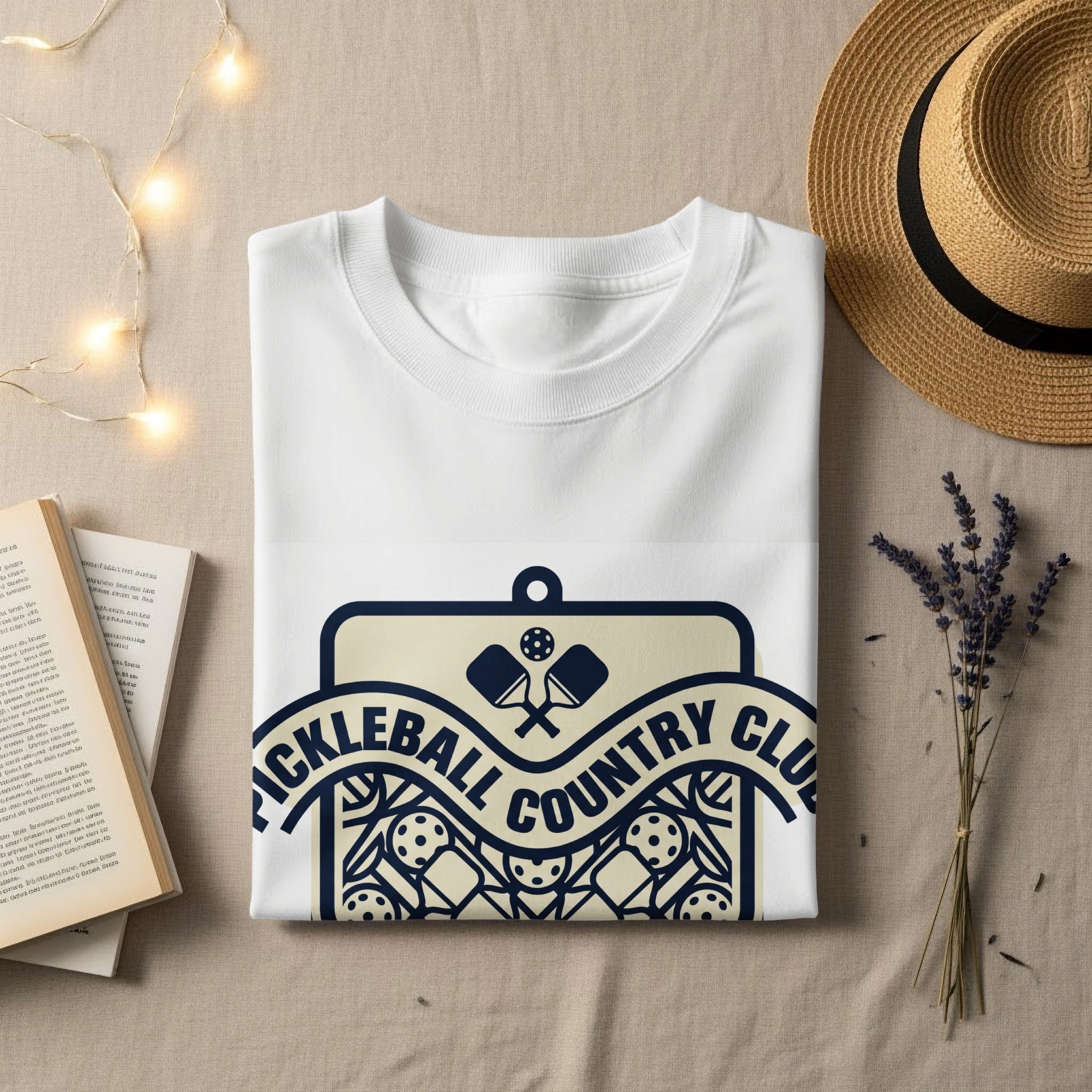 White t-shirt with "Pickleball Country Club" logo featuring pickleballs and paddles.