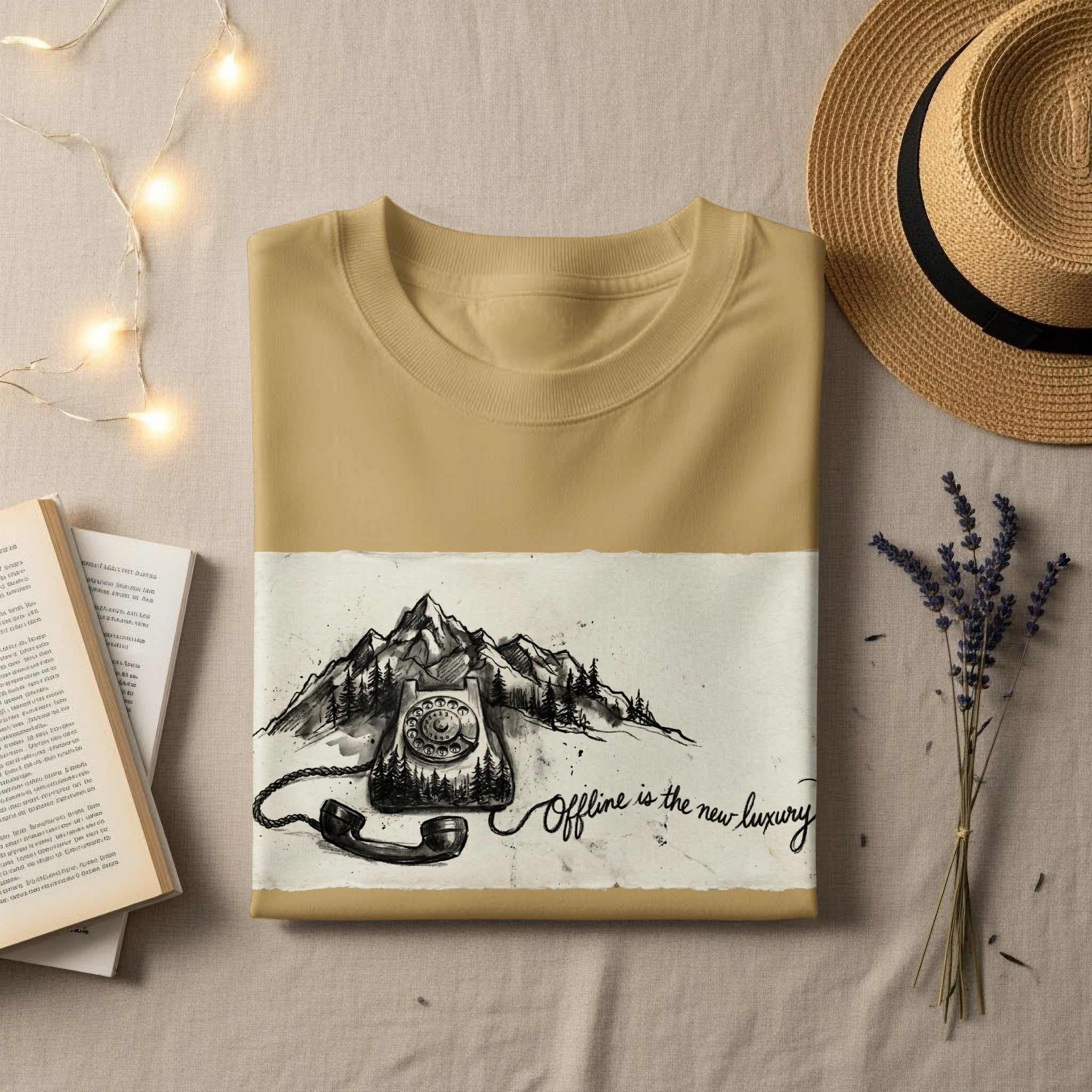Tan t-shirt with "Offline is the new luxury" text and a drawing of a phone and mountains.