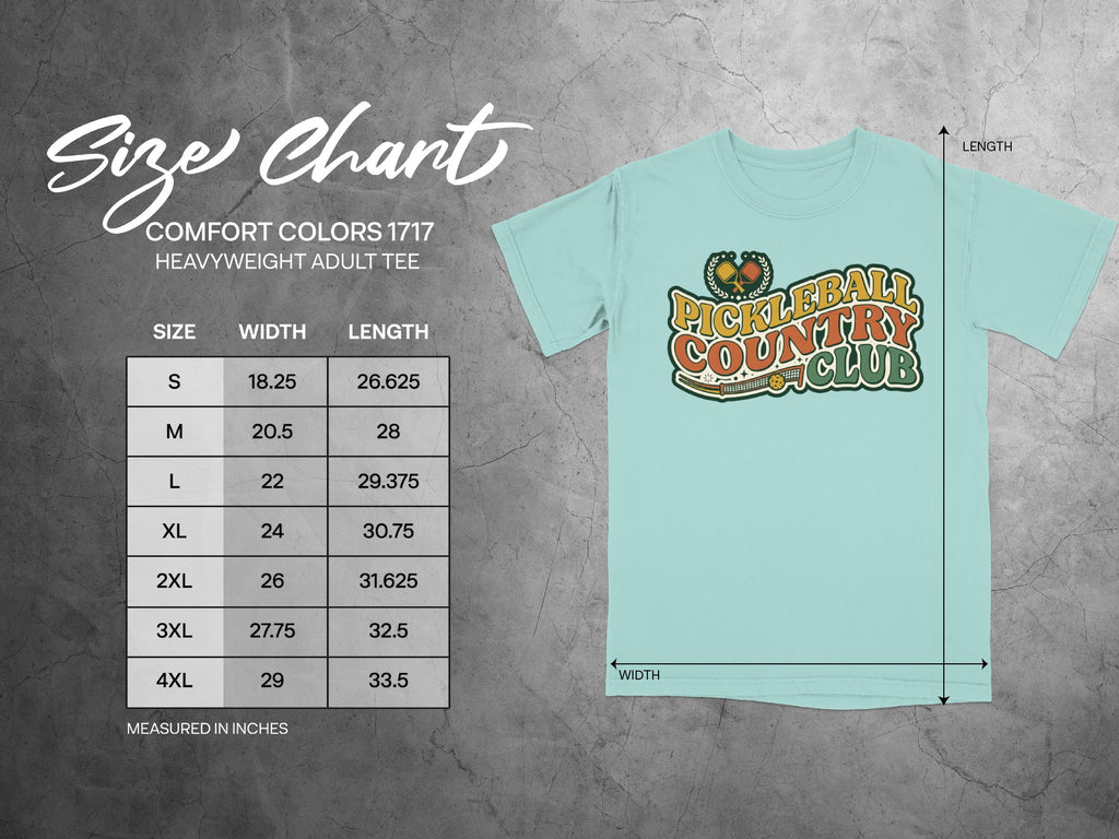 Size chart for Comfort Colors 1717 heavyweight adult tee with pickleball graphic.