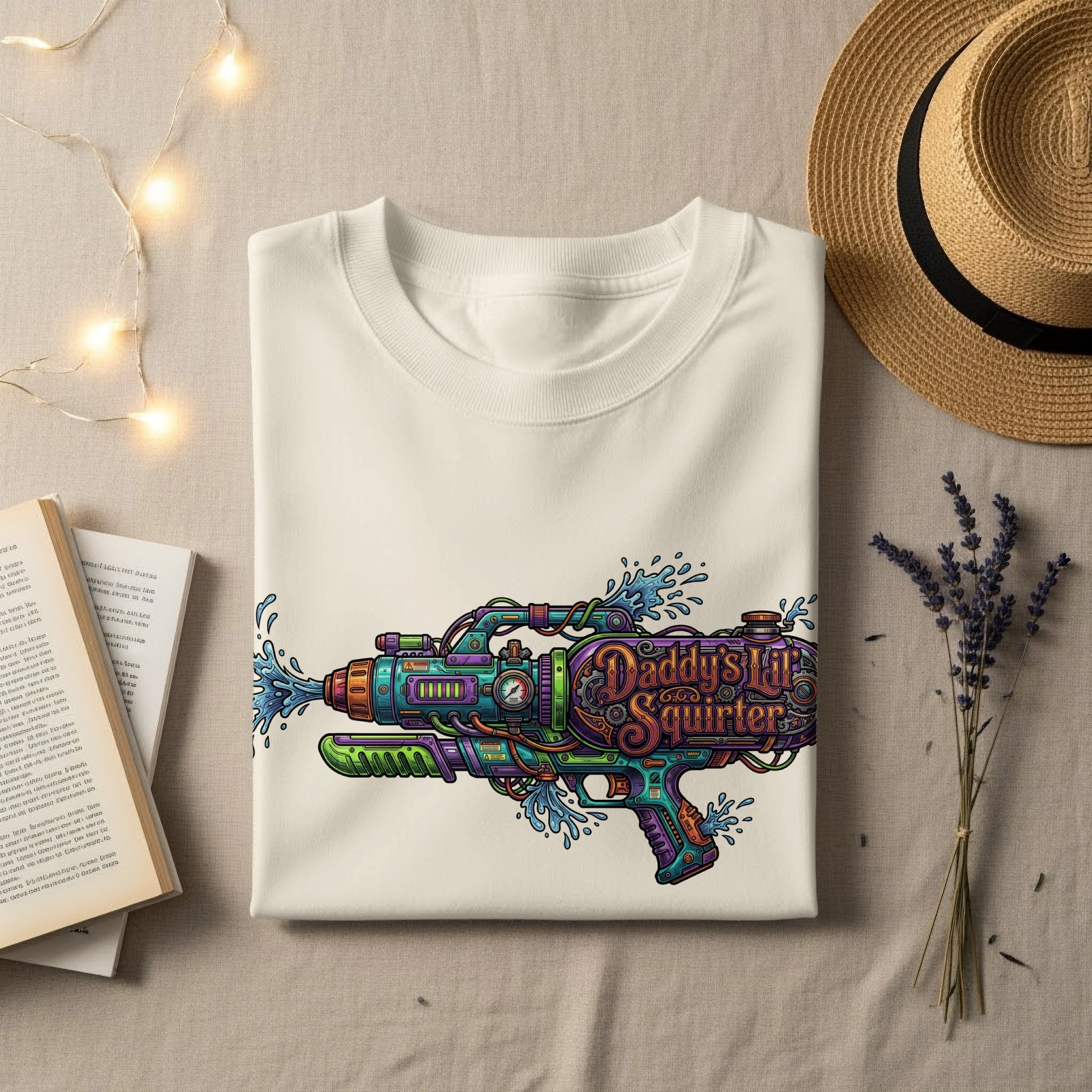 Cream t-shirt with "Daddy's Little Squirter" water gun graphic.