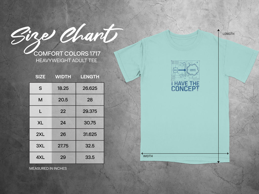 Size chart for Comfort Colors 1717 heavyweight adult tee, with dimensions.