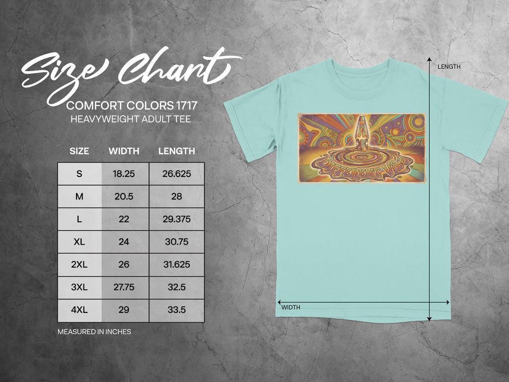 Comfort Colors 1717 heavyweight adult tee size chart with width and length measurements.