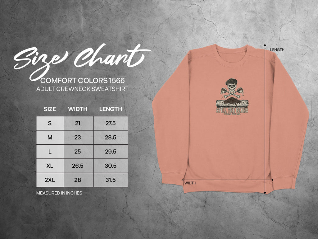 Comfort Colors 1566 adult crewneck sweatshirt size chart with measurements.