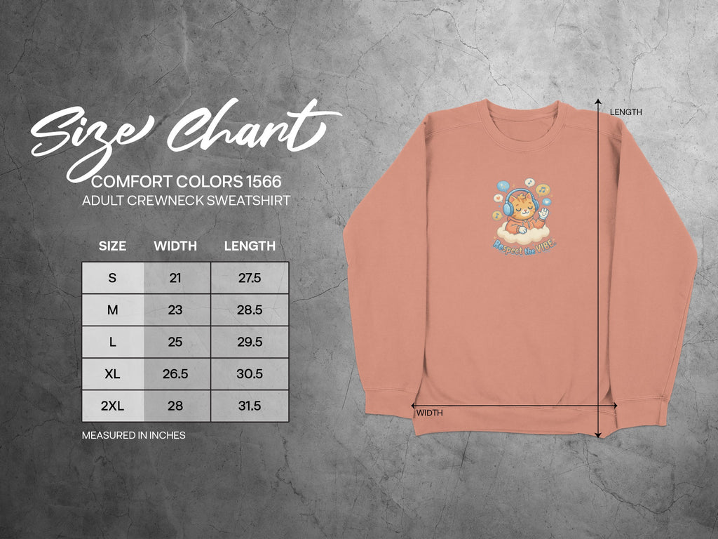 Adult crewneck sweatshirt size chart with chest width and length measurements.