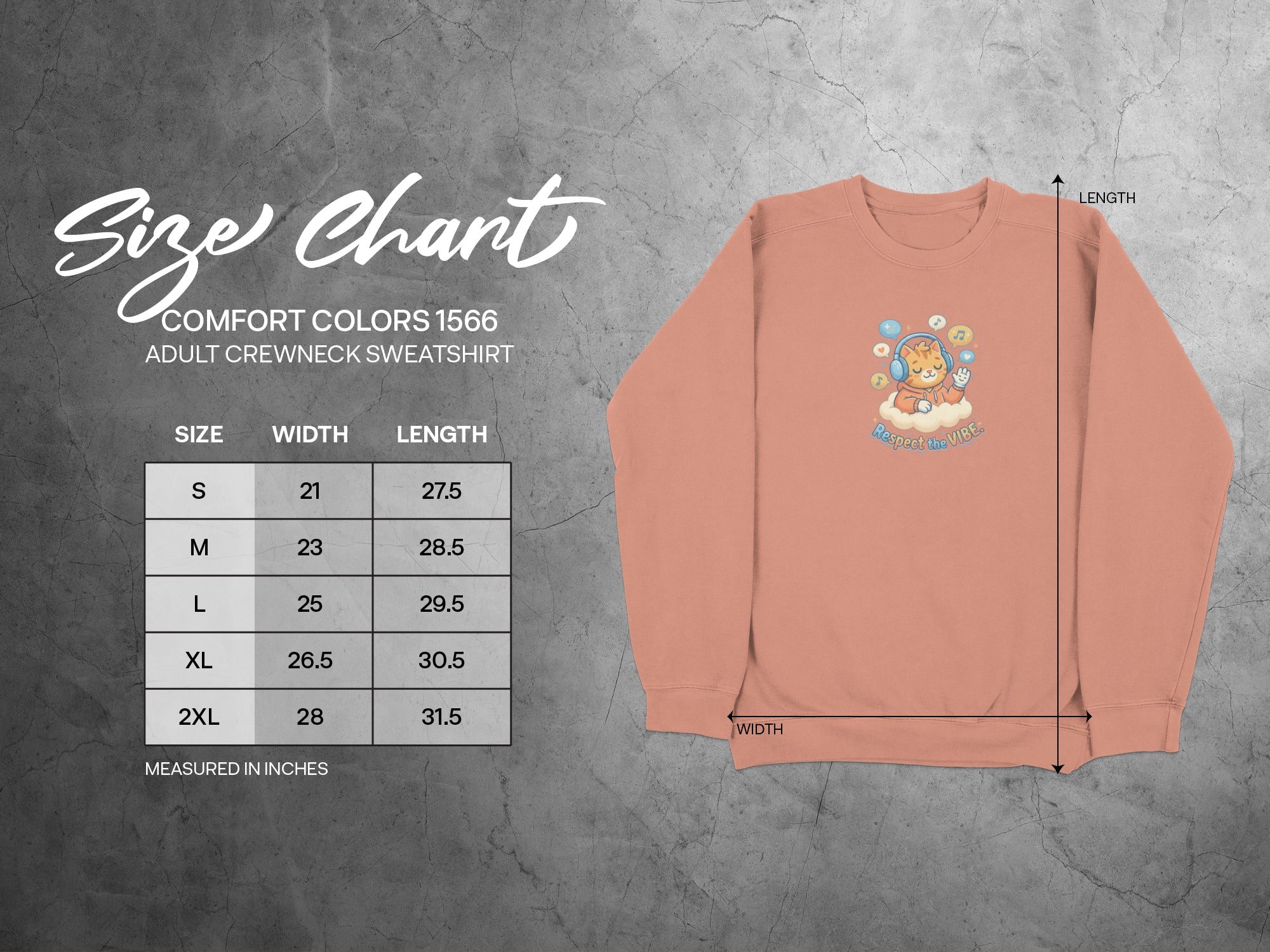 Adult crewneck sweatshirt size chart with chest width and length measurements.