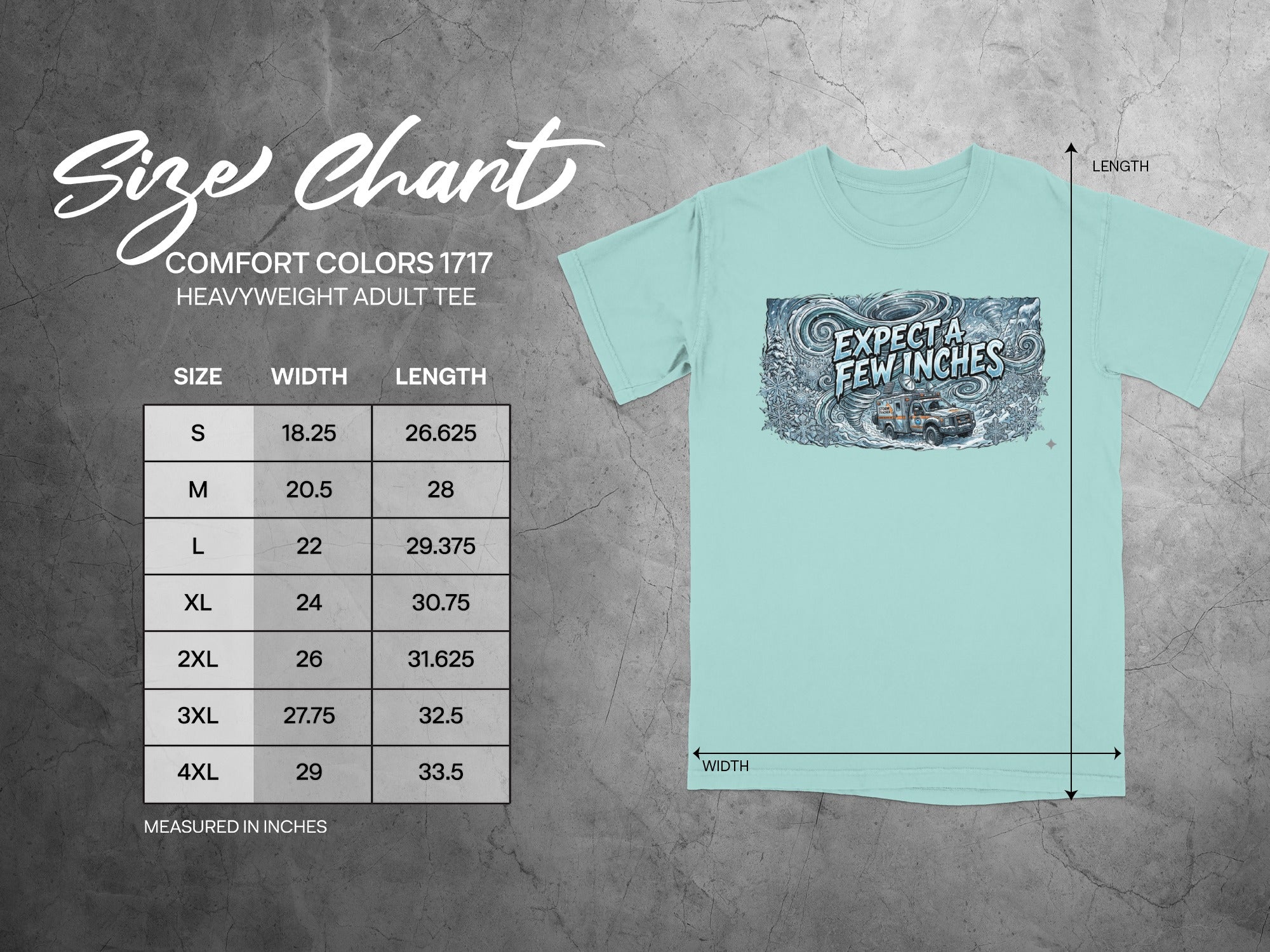 Comfort Colors 1717 size chart for heavyweight adult tee with measurements.