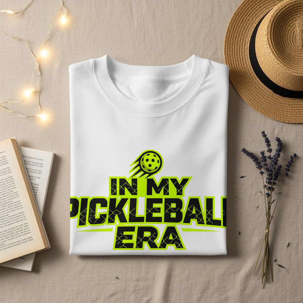 White t-shirt with "In My Pickleball Era" text and graphic.