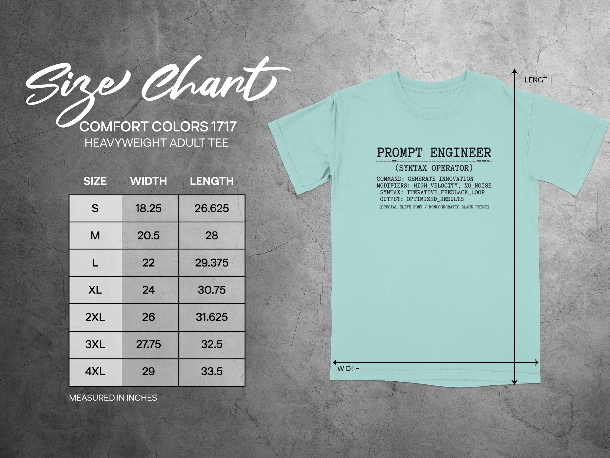 Comfort Colors 1717 heavy t-shirt size chart with width and length measurements.