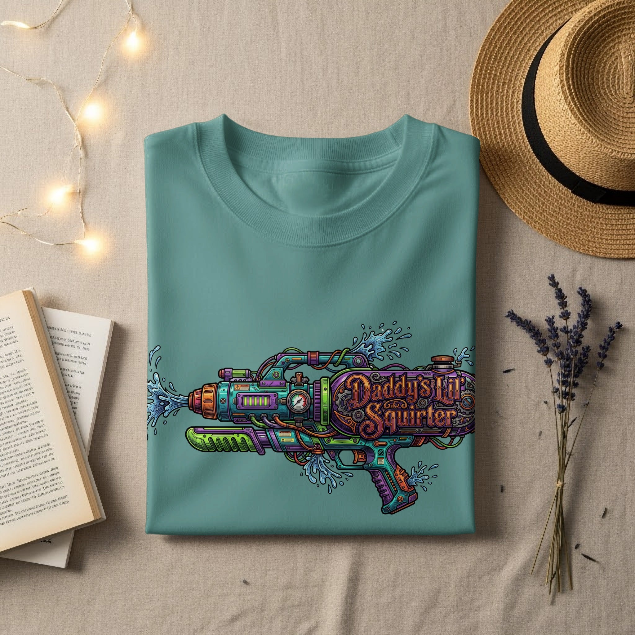 Teal t-shirt with "Daddy's Lil Squirtgun" graphic, straw hat, and lavender.