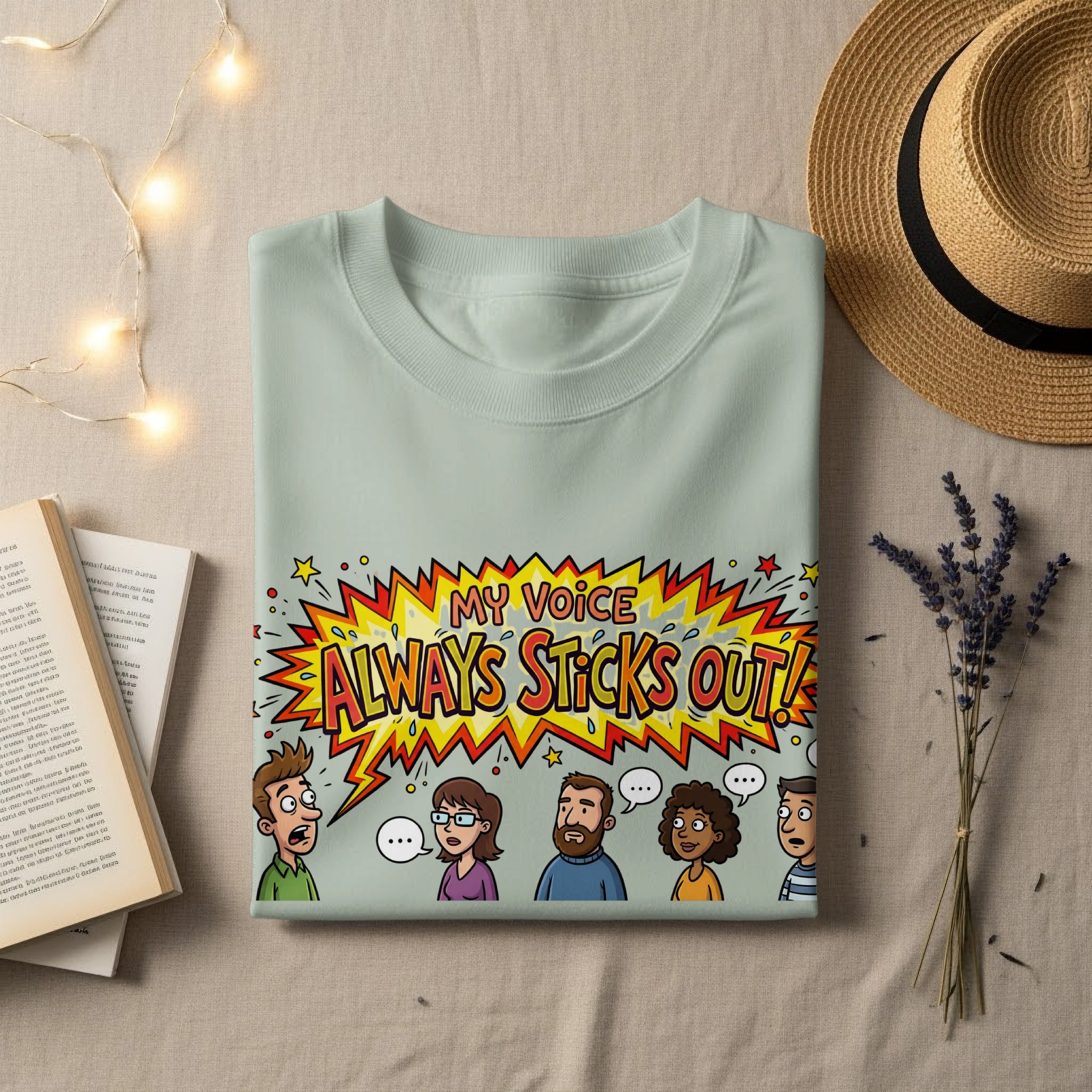 Light mint t-shirt with "My Voice Always Sticks Out!" comic strip design.