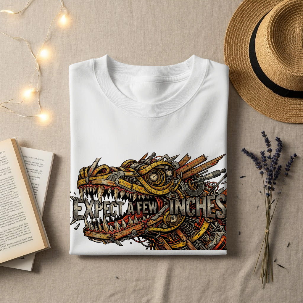 White sweatshirt with dragon graphic and text "EXPECT A FEW INCHES".