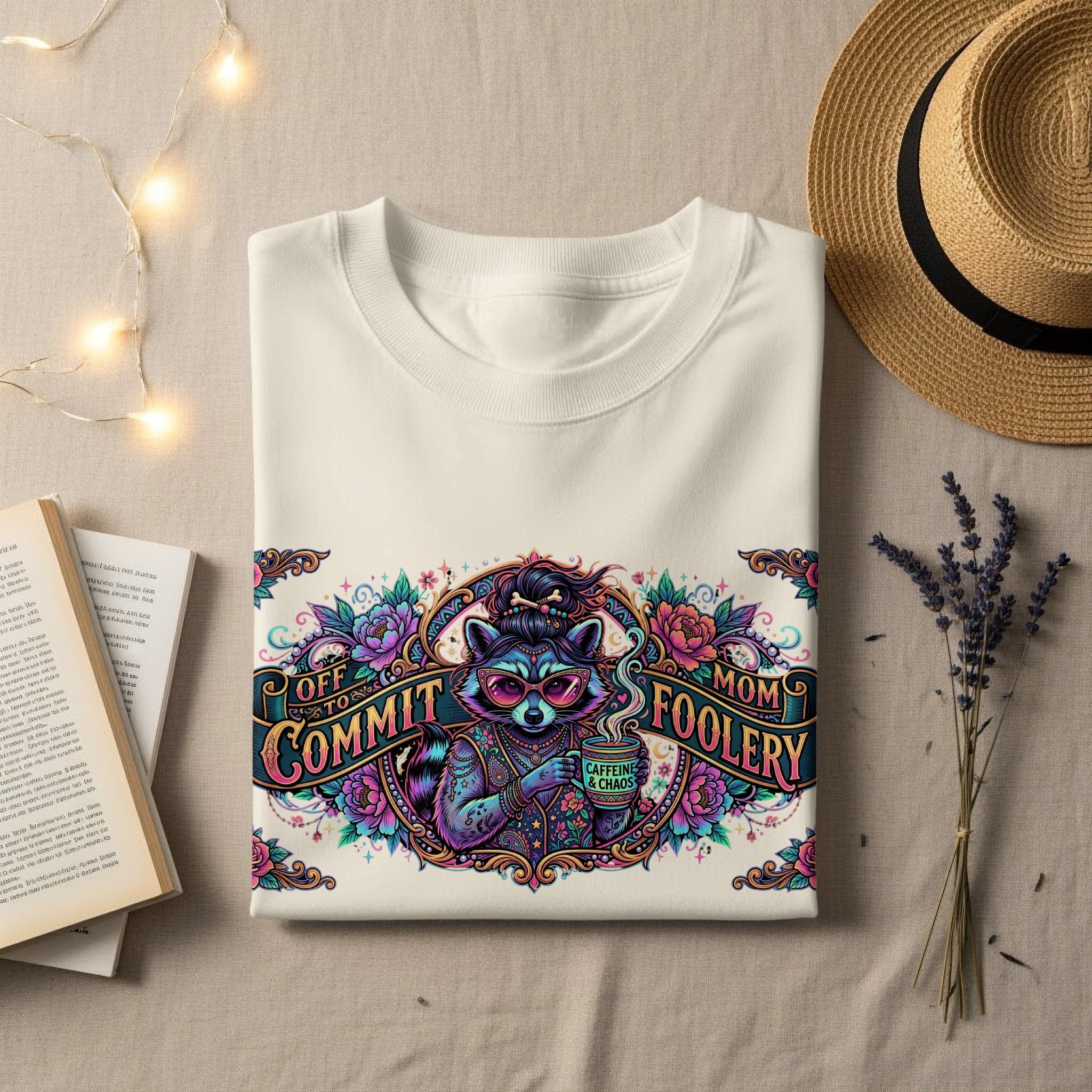 Off to Commit Mom Foolery graphic on a cream t-shirt.