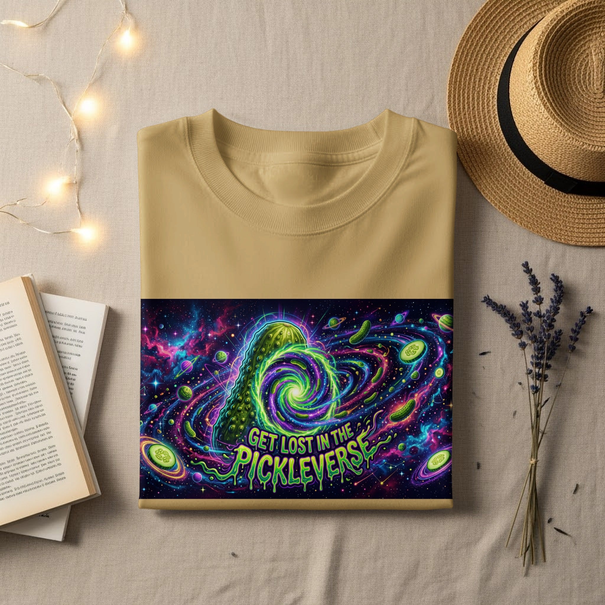 Yellow t-shirt with "Get Lost in the Pickleverse" graphic on a flat lay.