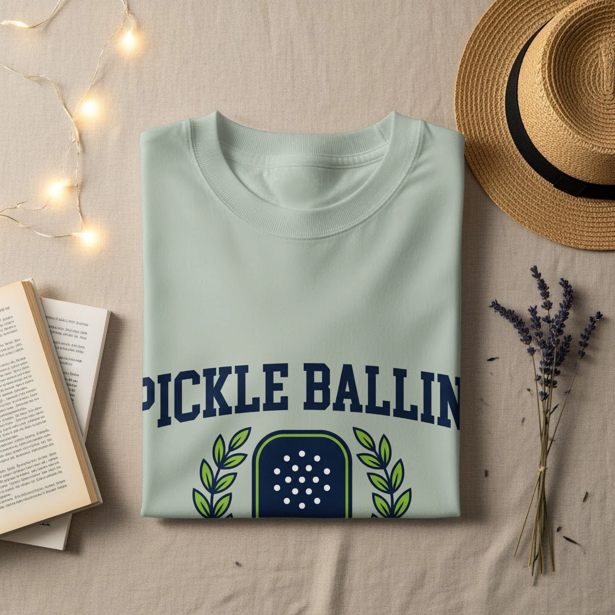 Light green t-shirt with "PICKLE BALLIN" and a shield logo.