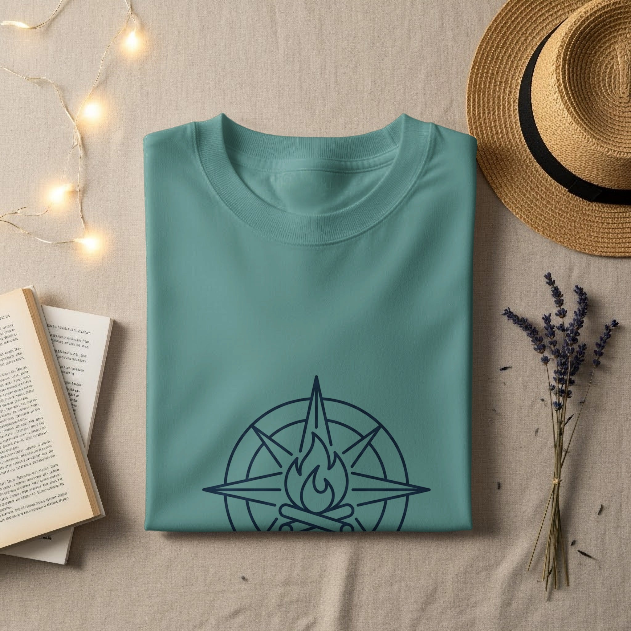 Teal t-shirt with dark blue compass and campfire graphic.