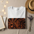White t-shirt with graphic of man holding coffee mug with heart.